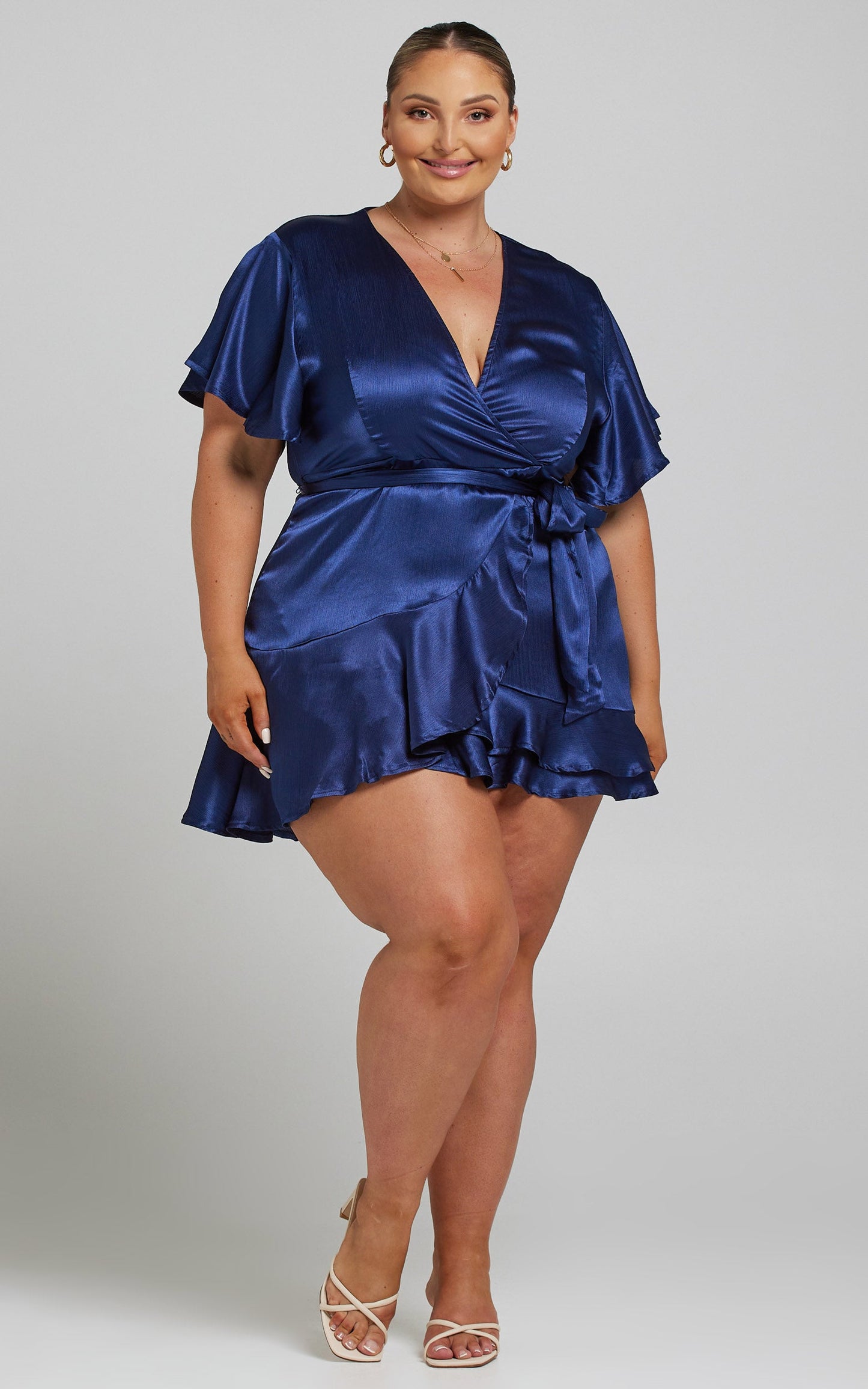 All I Want To Be Mini Dress - Ruffle Wrap Dress in Navy Satin