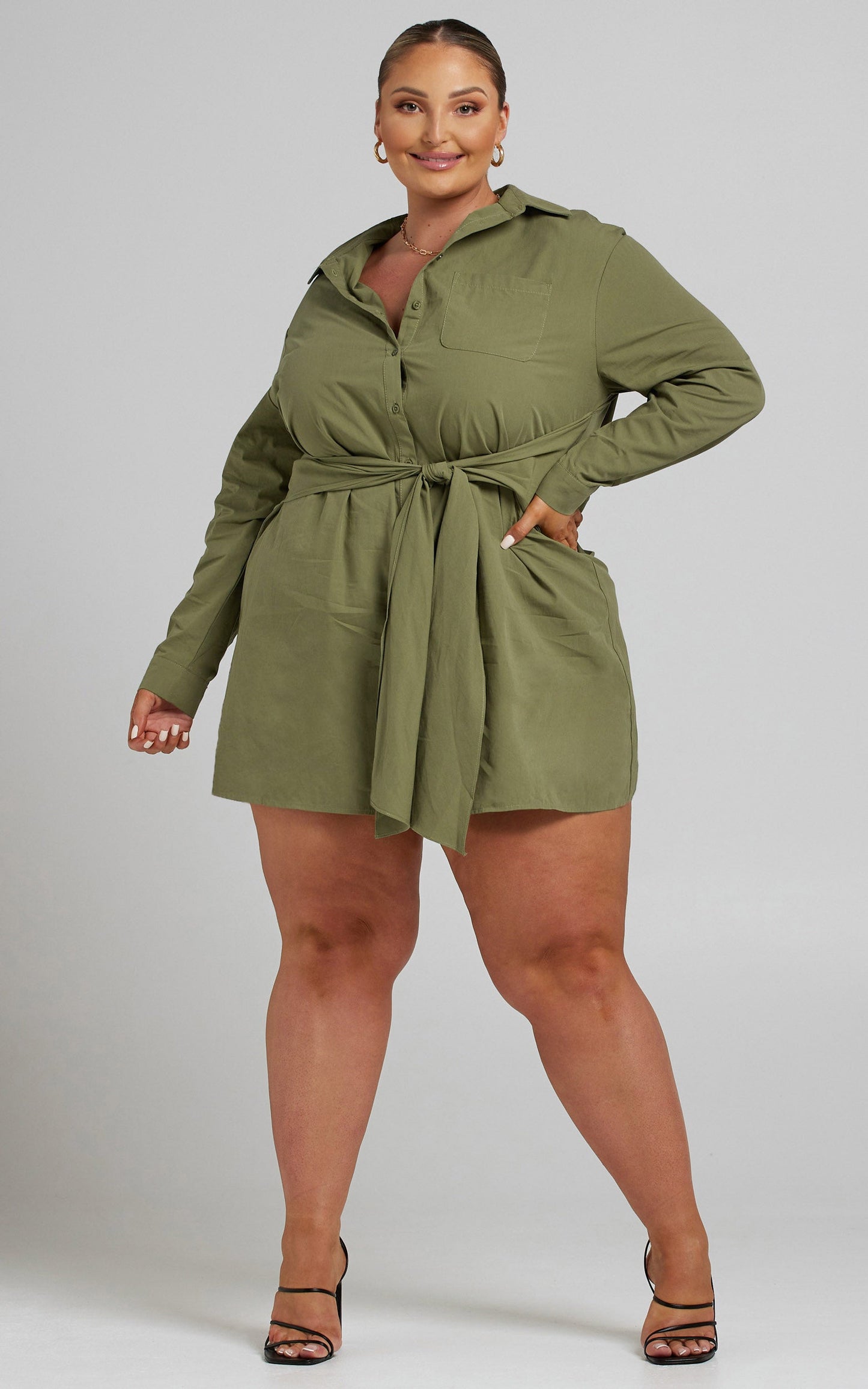Macie Mini Dress - Tie Front Shirt Dress in Khaki