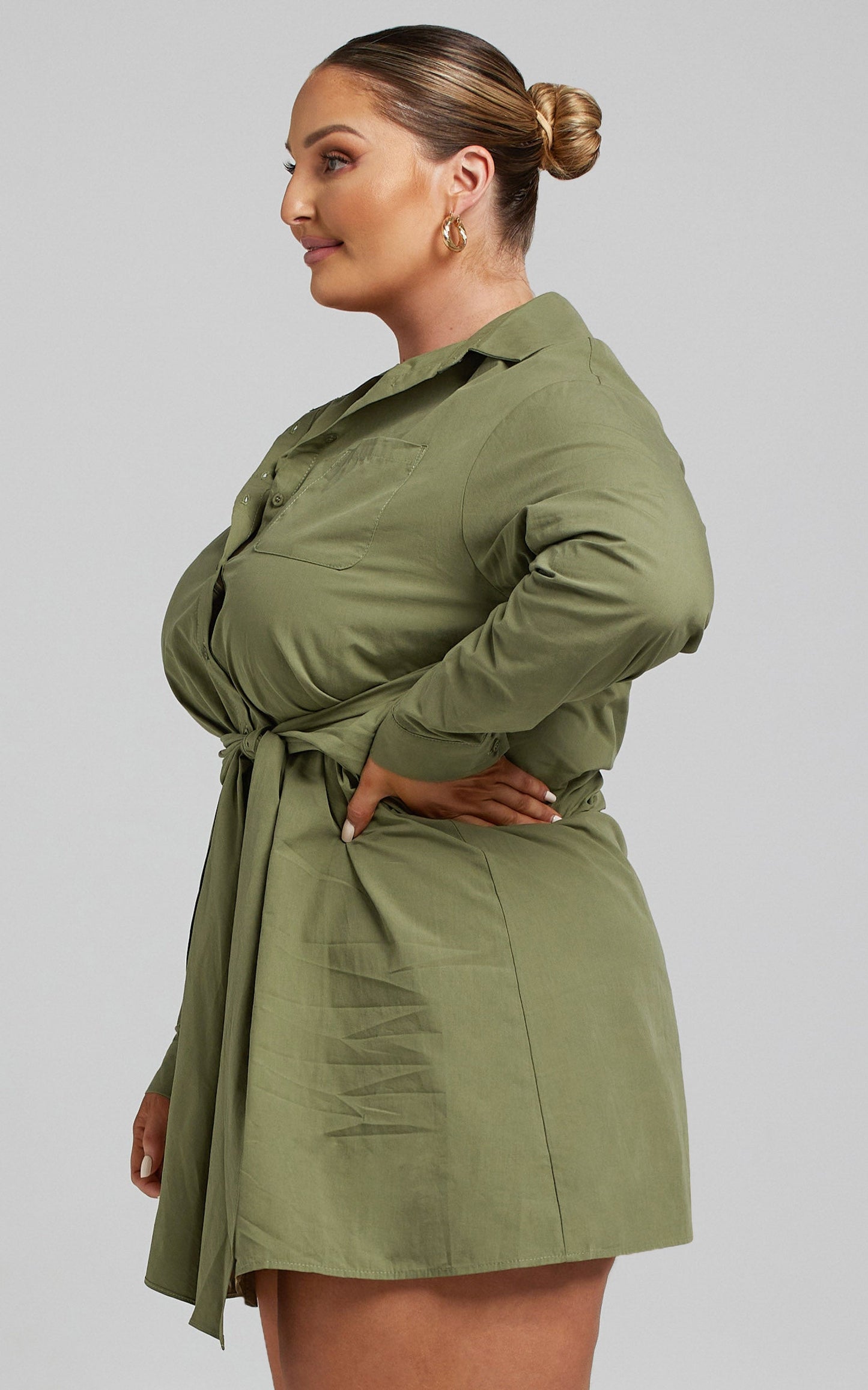 Macie Mini Dress - Tie Front Shirt Dress in Khaki
