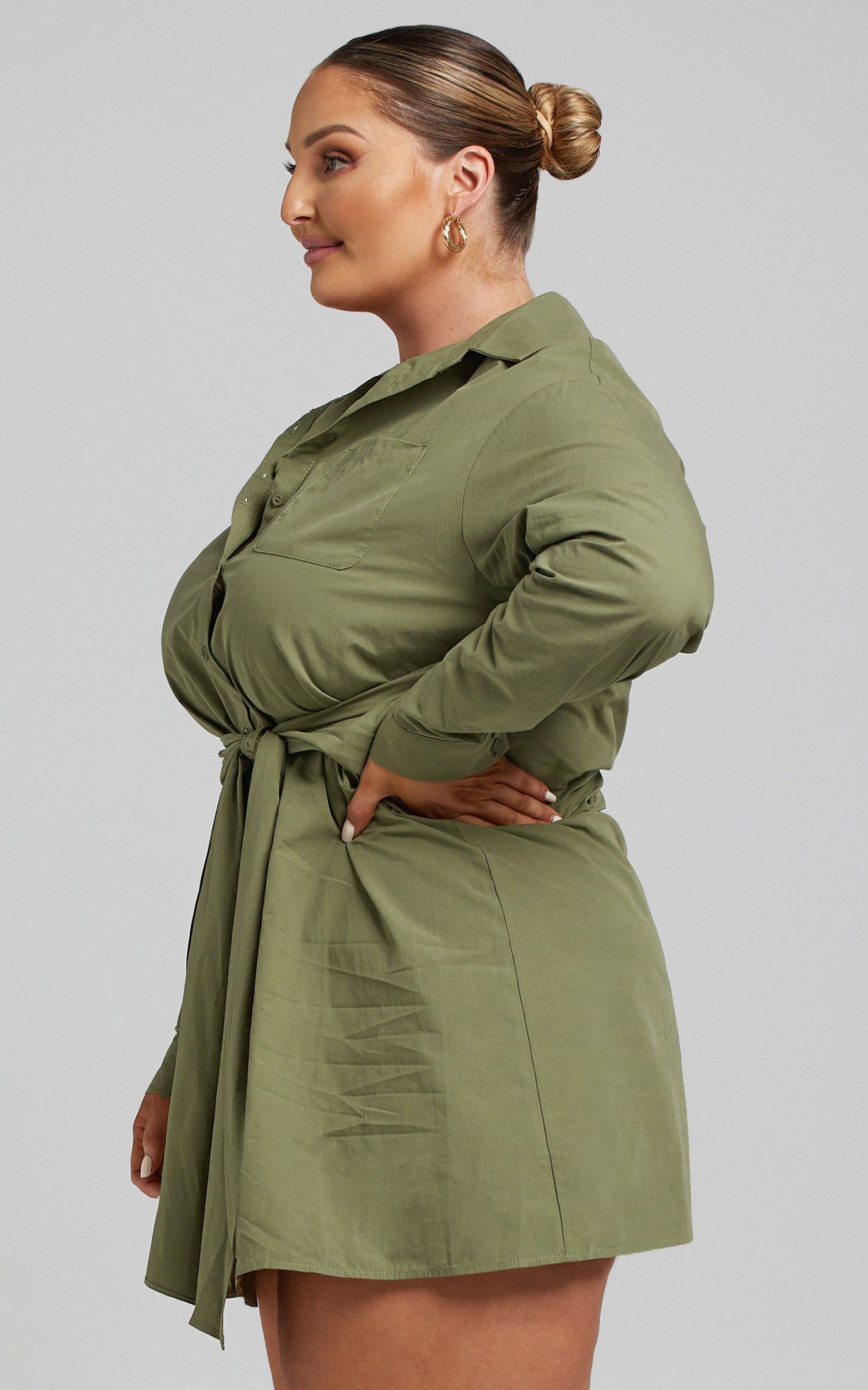 Macie Mini Dress - Tie Front Shirt Dress in Khaki