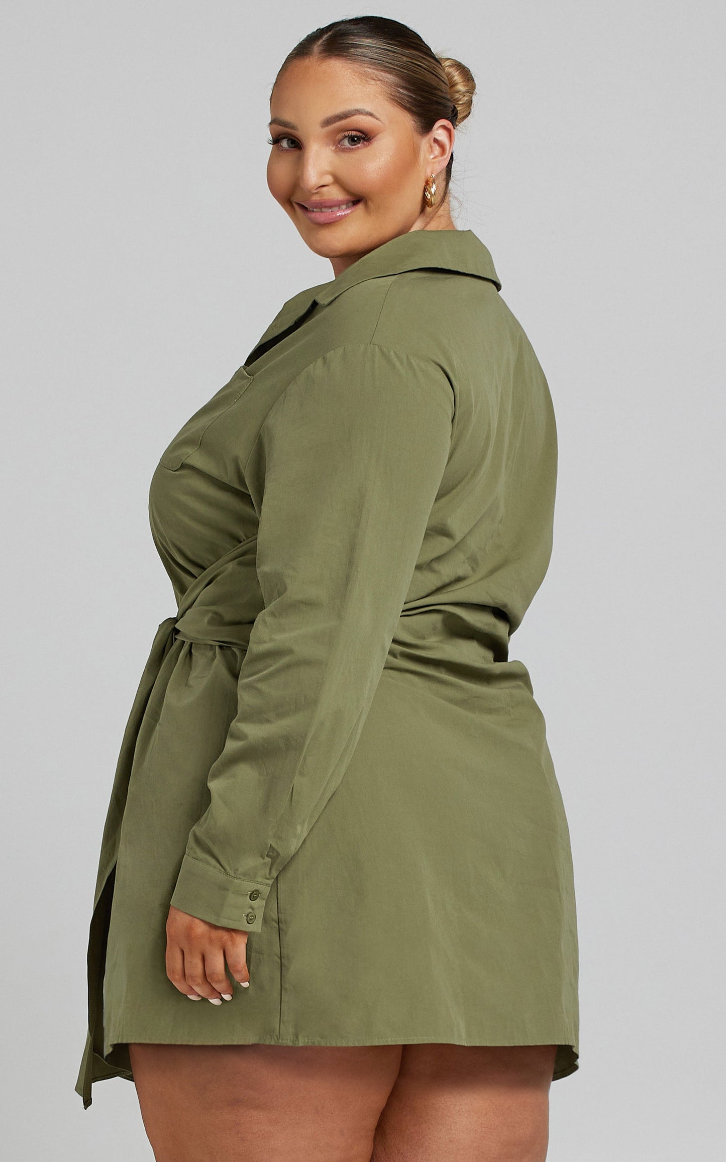 Macie Mini Dress - Tie Front Shirt Dress in Khaki