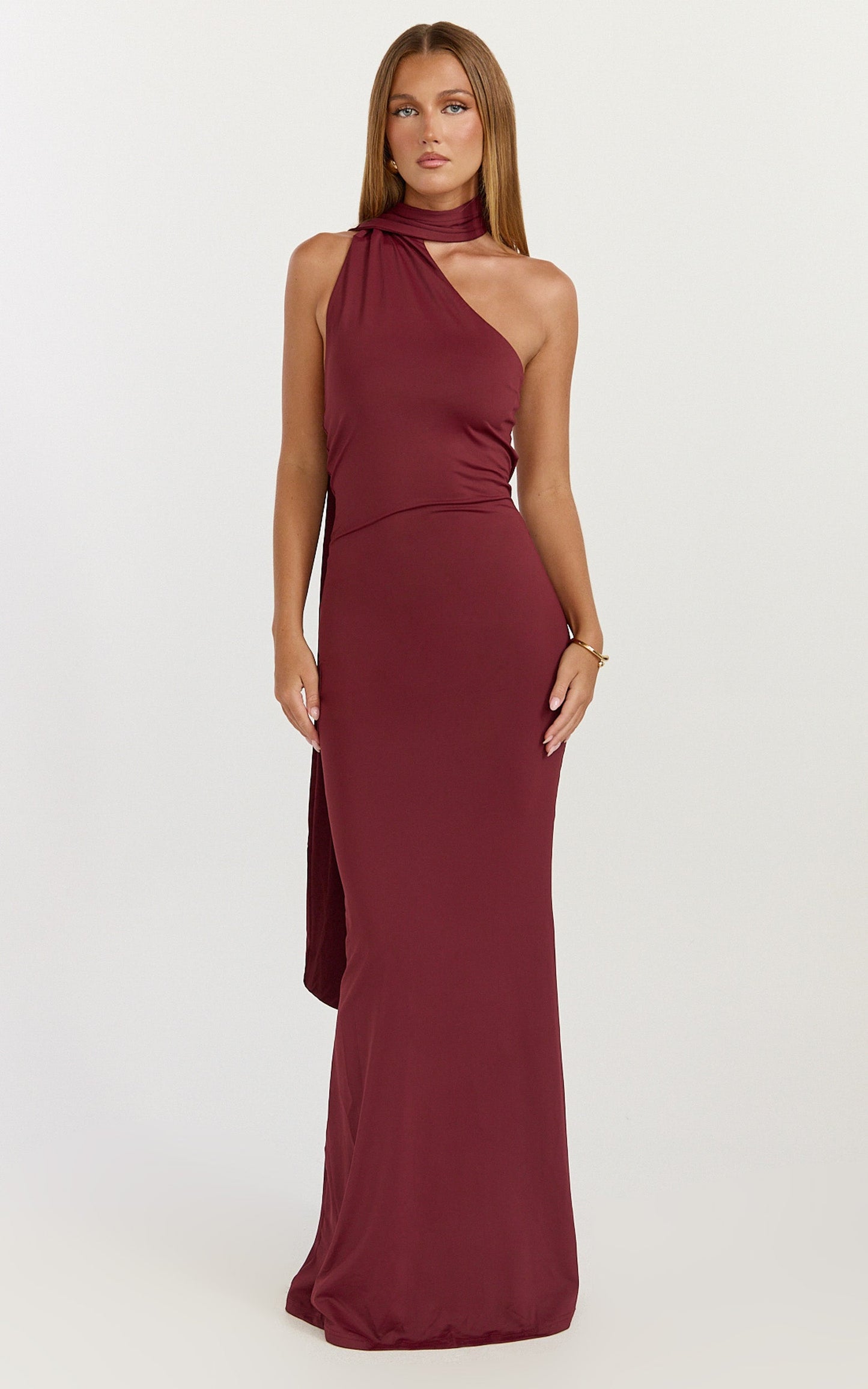 Seraphine Maxi Dress - Halter Neck Low Back Fit And Flare Dress in Wine