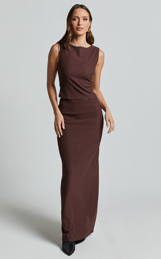 Serena Two Piece Set - High Neck Top and Midi Skirt in Chocolate