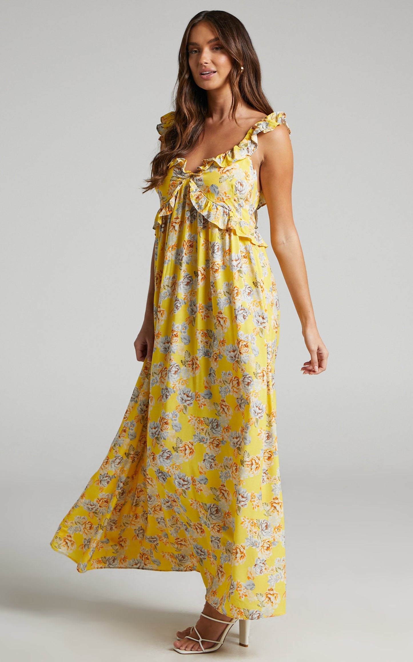 Serenyo Midi Dress - Ruffle Detail Low Back Dress in Yellow Floral