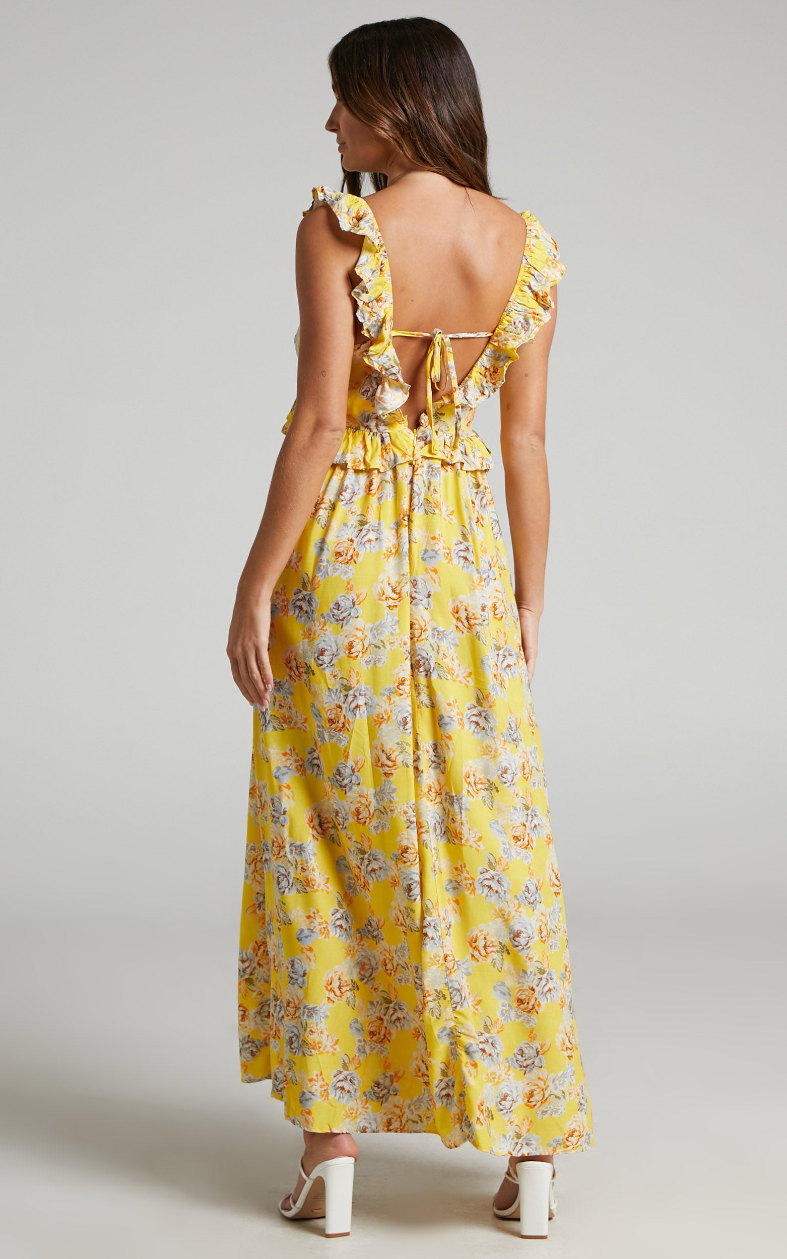 Serenyo Midi Dress - Ruffle Detail Low Back Dress in Yellow Floral