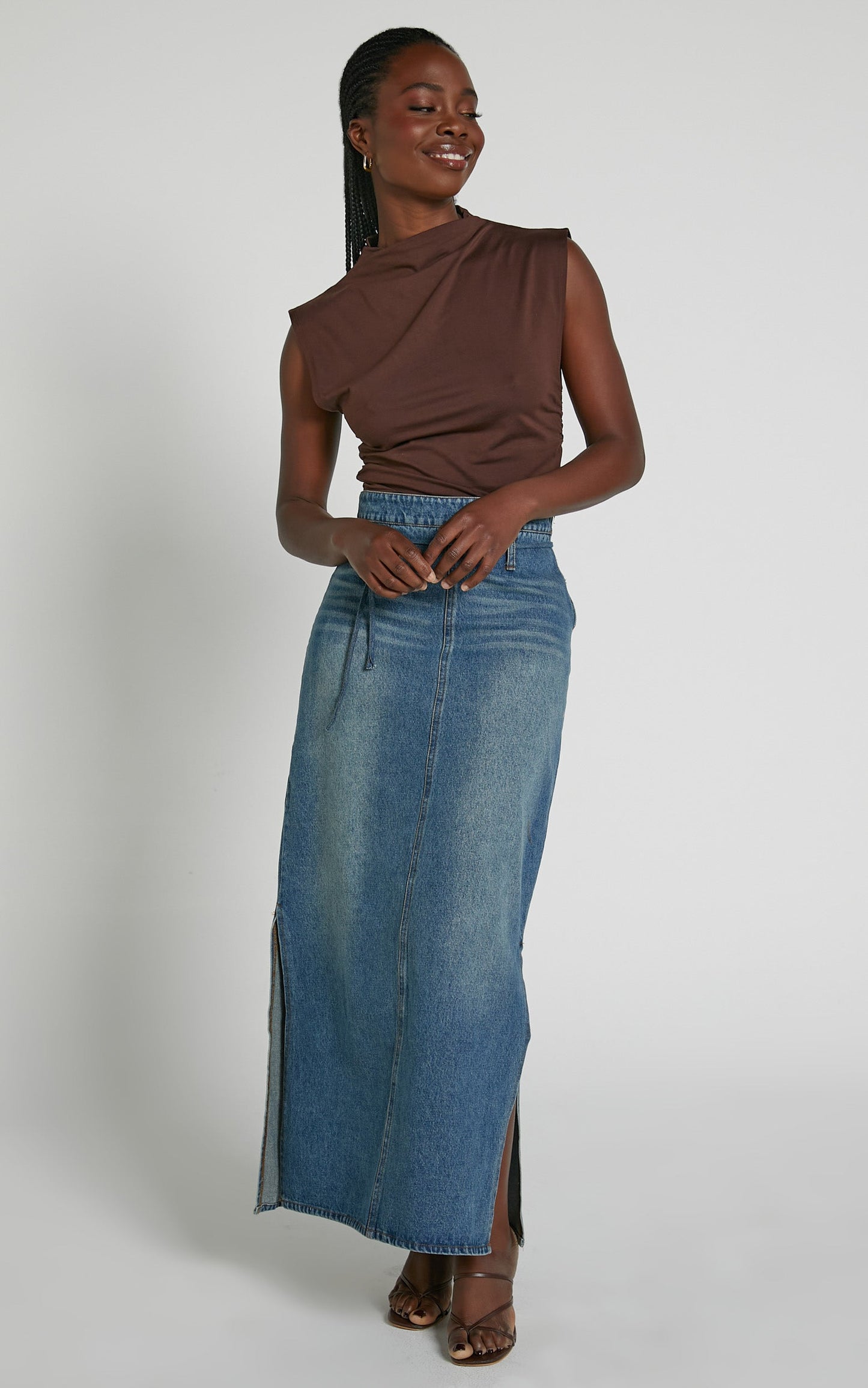 Seth Midi Skirt - Tie Waist Denim Skirt in Dark Wash