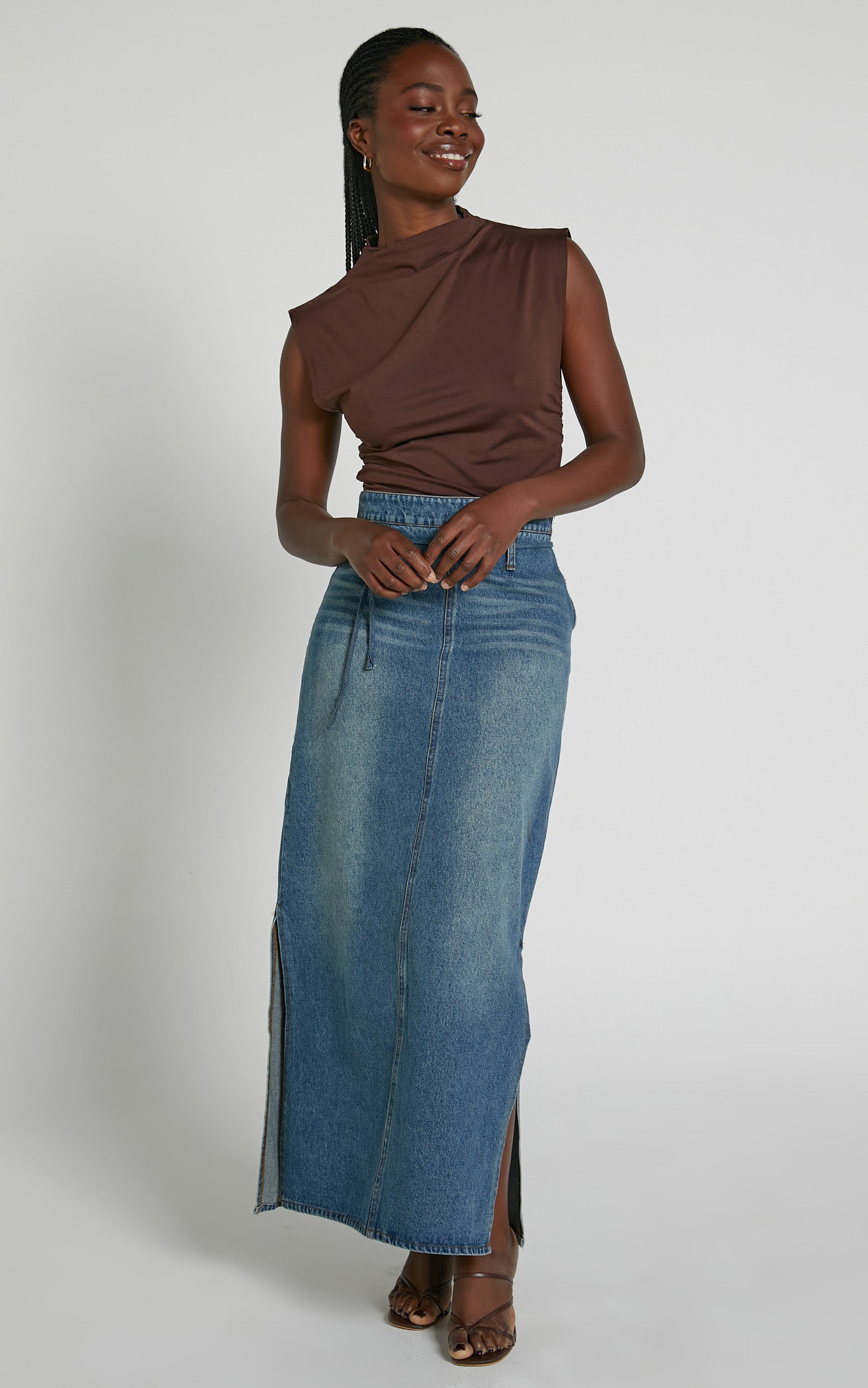 Seth Midi Skirt - Tie Waist Denim Skirt in Dark Wash