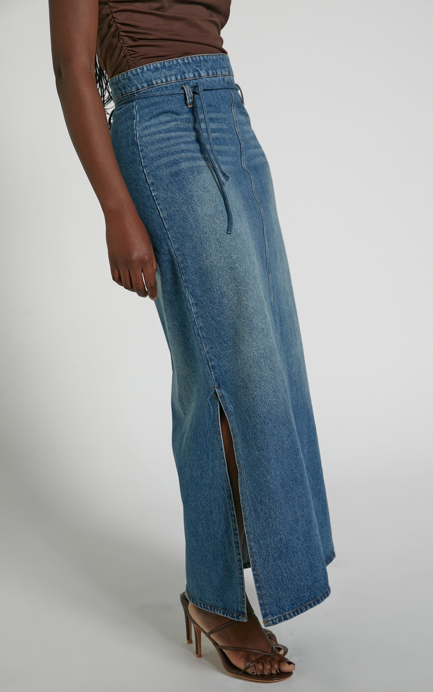 Seth Midi Skirt - Tie Waist Denim Skirt in Dark Wash