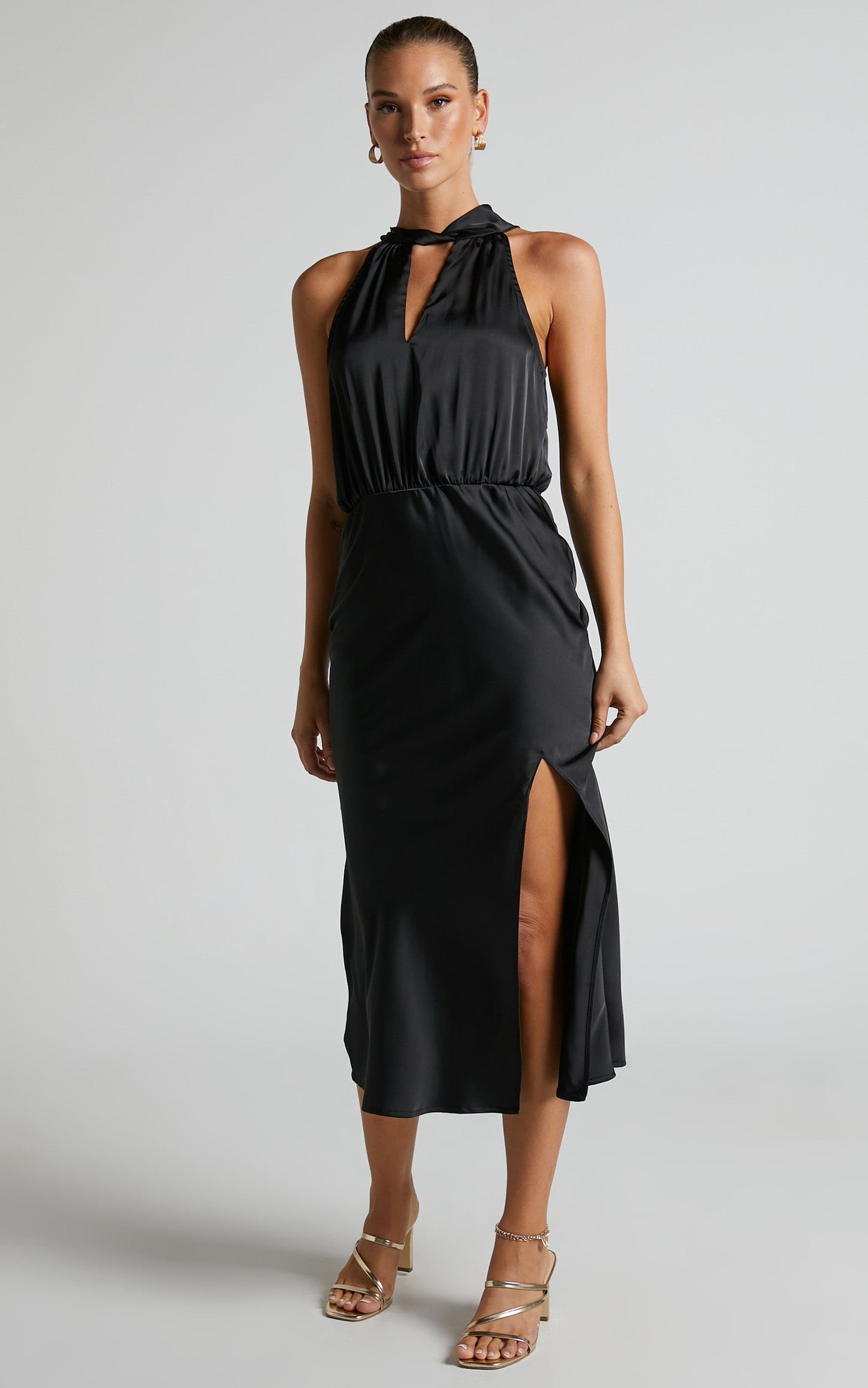 Shadia Midi Dress - Halter High Neck Cut Out Satin Dress in Black