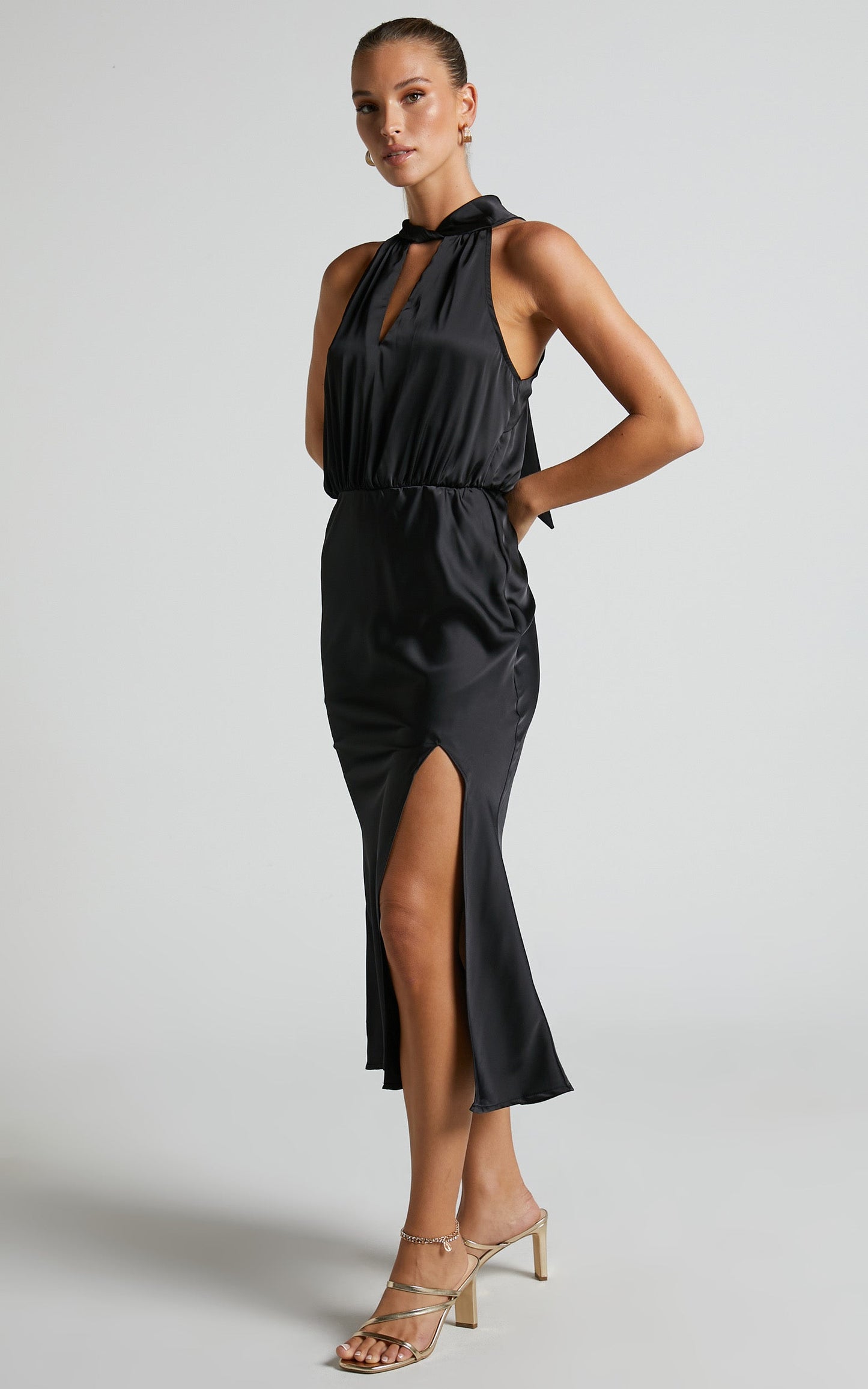 Shadia Midi Dress - Halter High Neck Cut Out Satin Dress in Black