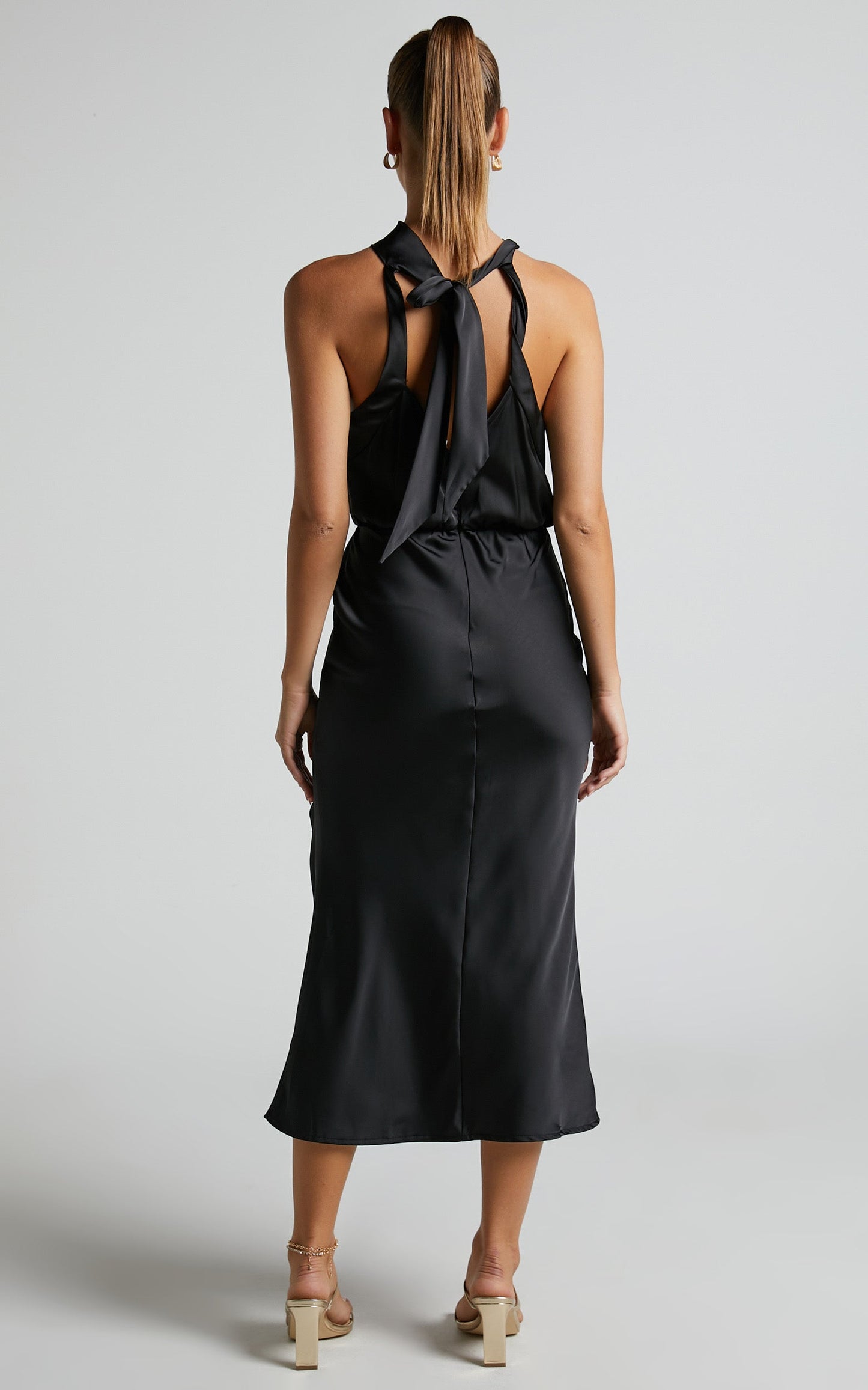 Shadia Midi Dress - Halter High Neck Cut Out Satin Dress in Black