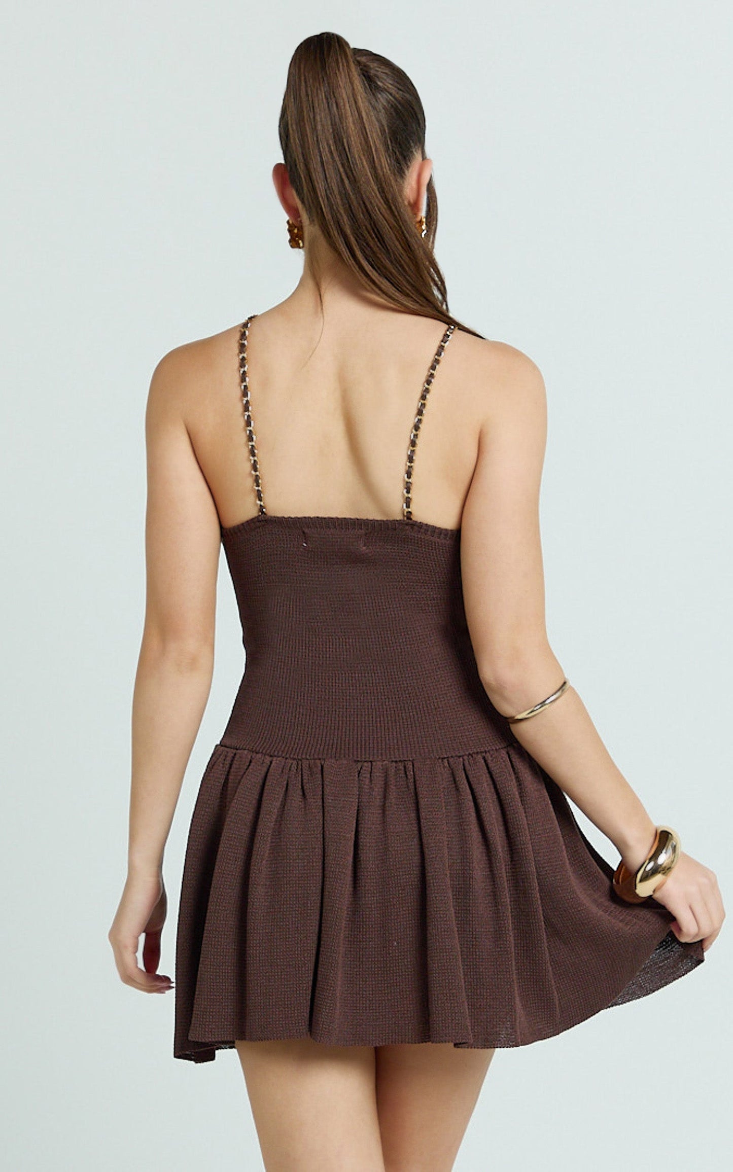 Shailene Mini Dress  - Chain Strap V Neck Knitted Dress in Chocolate