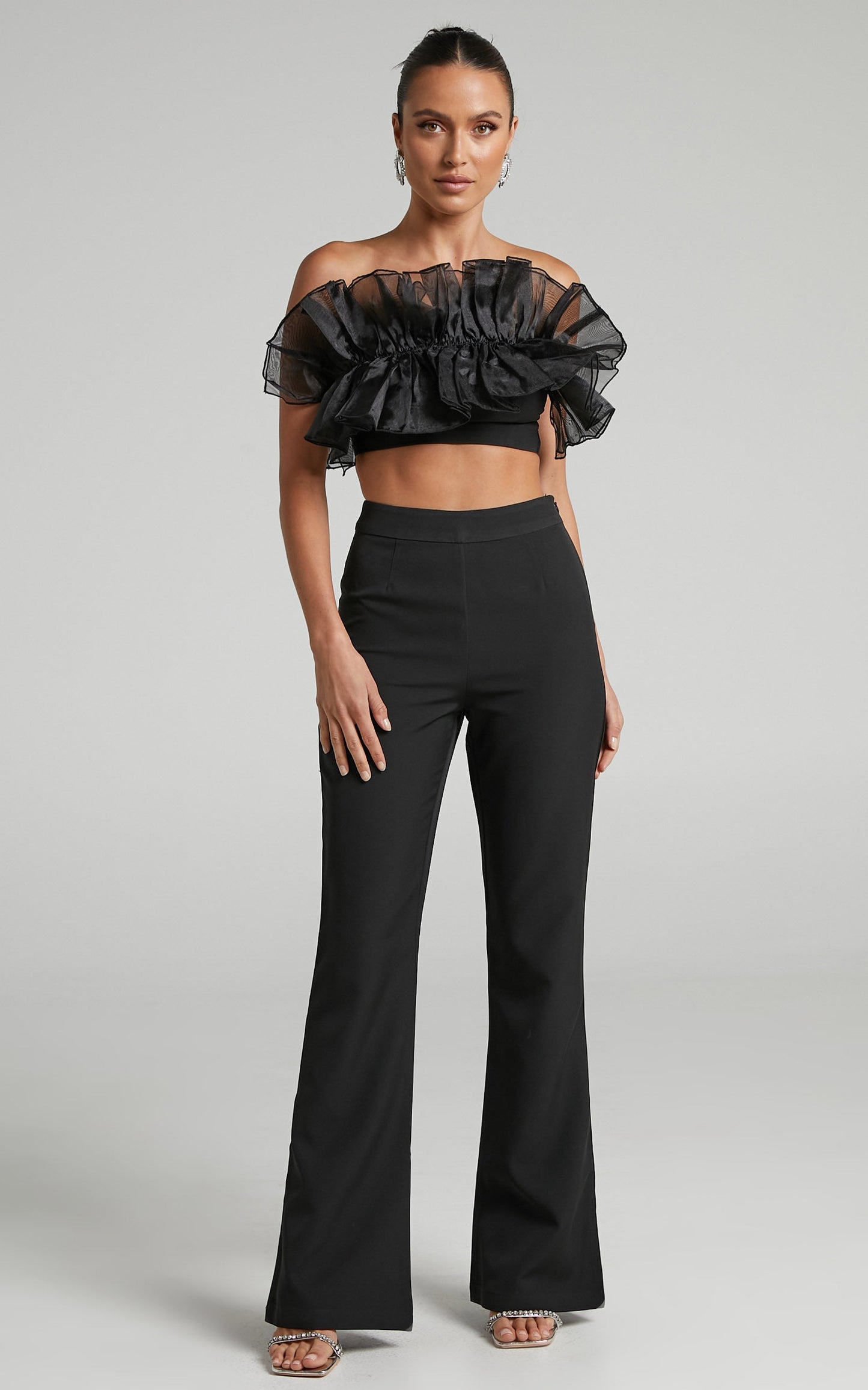 Shaima Two Piece Set - Strapless Organza Ruffle Crop Top and Pants Set in Black