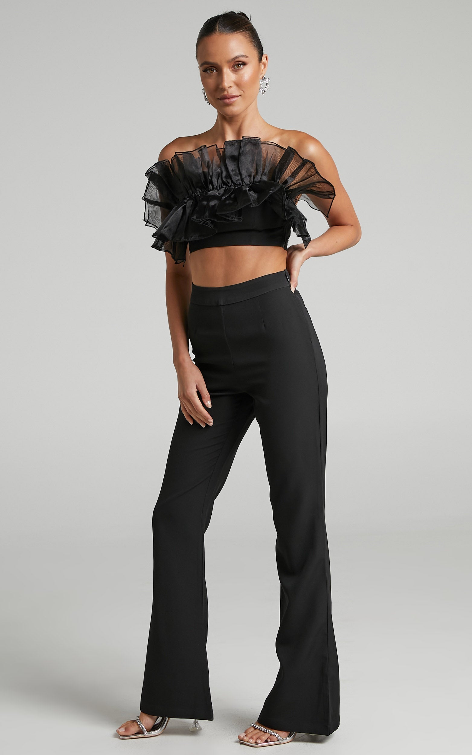 Shaima Two Piece Set - Strapless Organza Ruffle Crop Top and Pants Set in Black