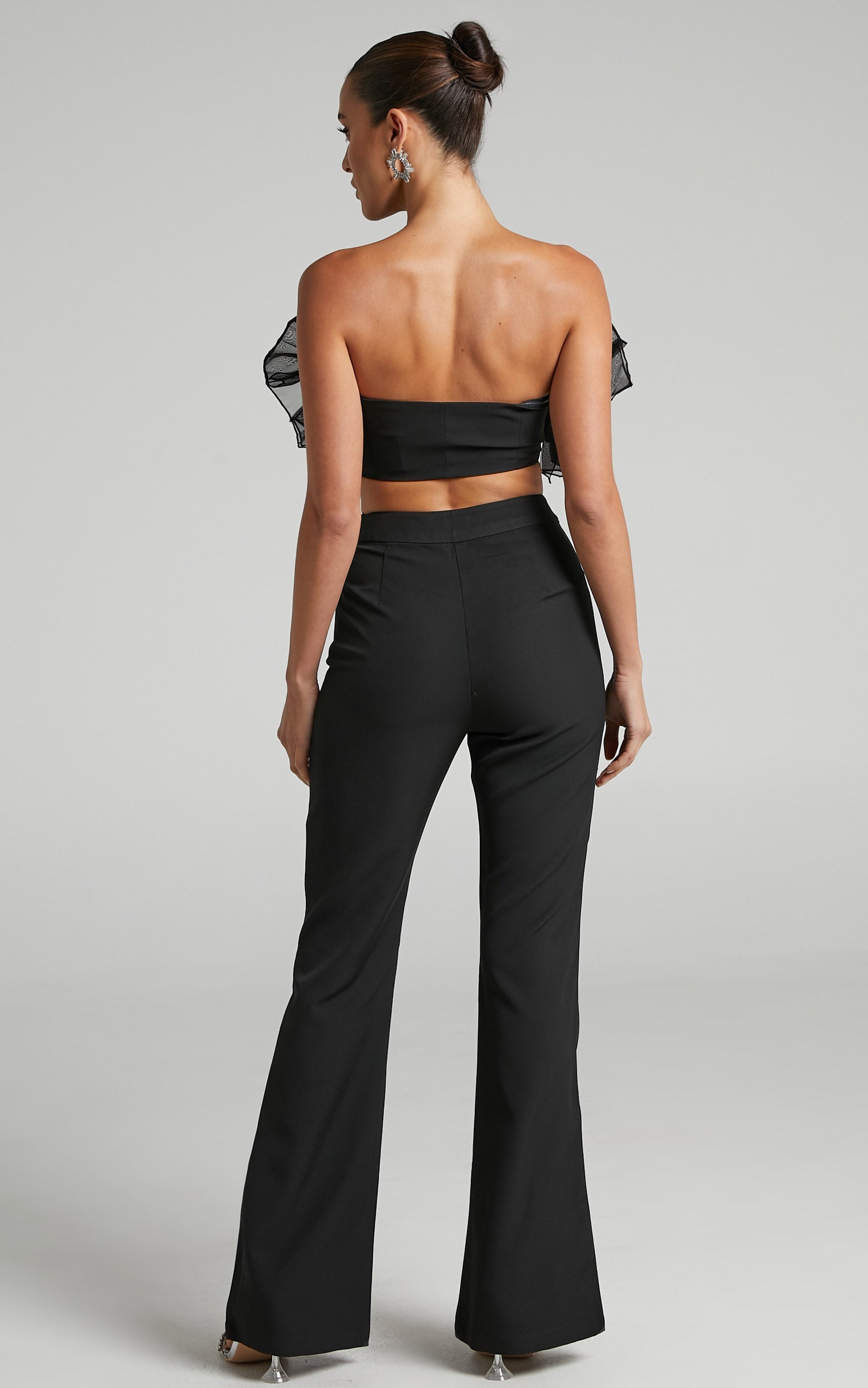 Shaima Two Piece Set - Strapless Organza Ruffle Crop Top and Pants Set in Black