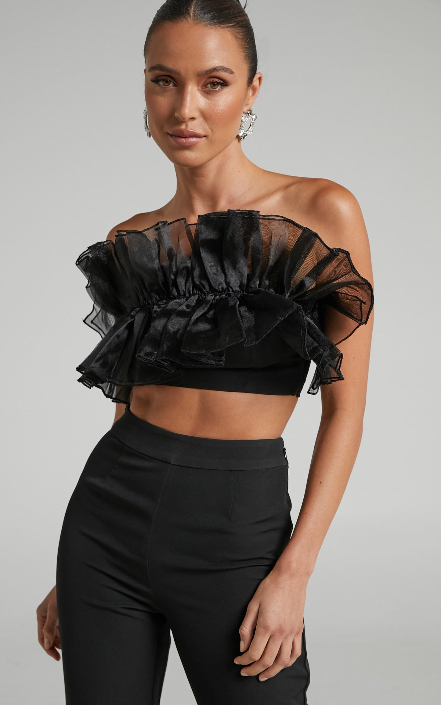 Shaima Two Piece Set - Strapless Organza Ruffle Crop Top and Pants Set in Black