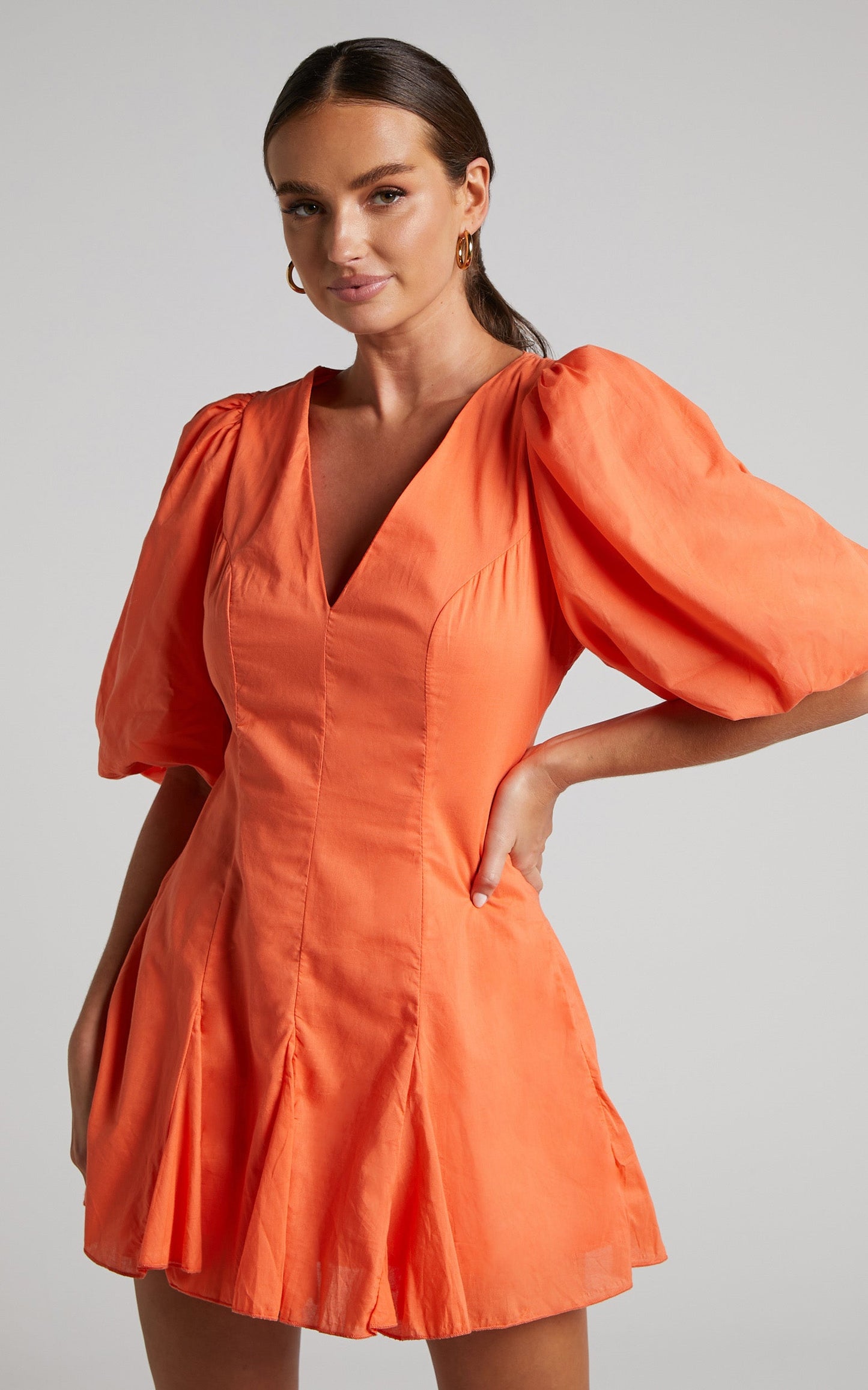 Shairah Mini Dress - V Neck Puff Sleeve Flutter Hem Dress in Orange