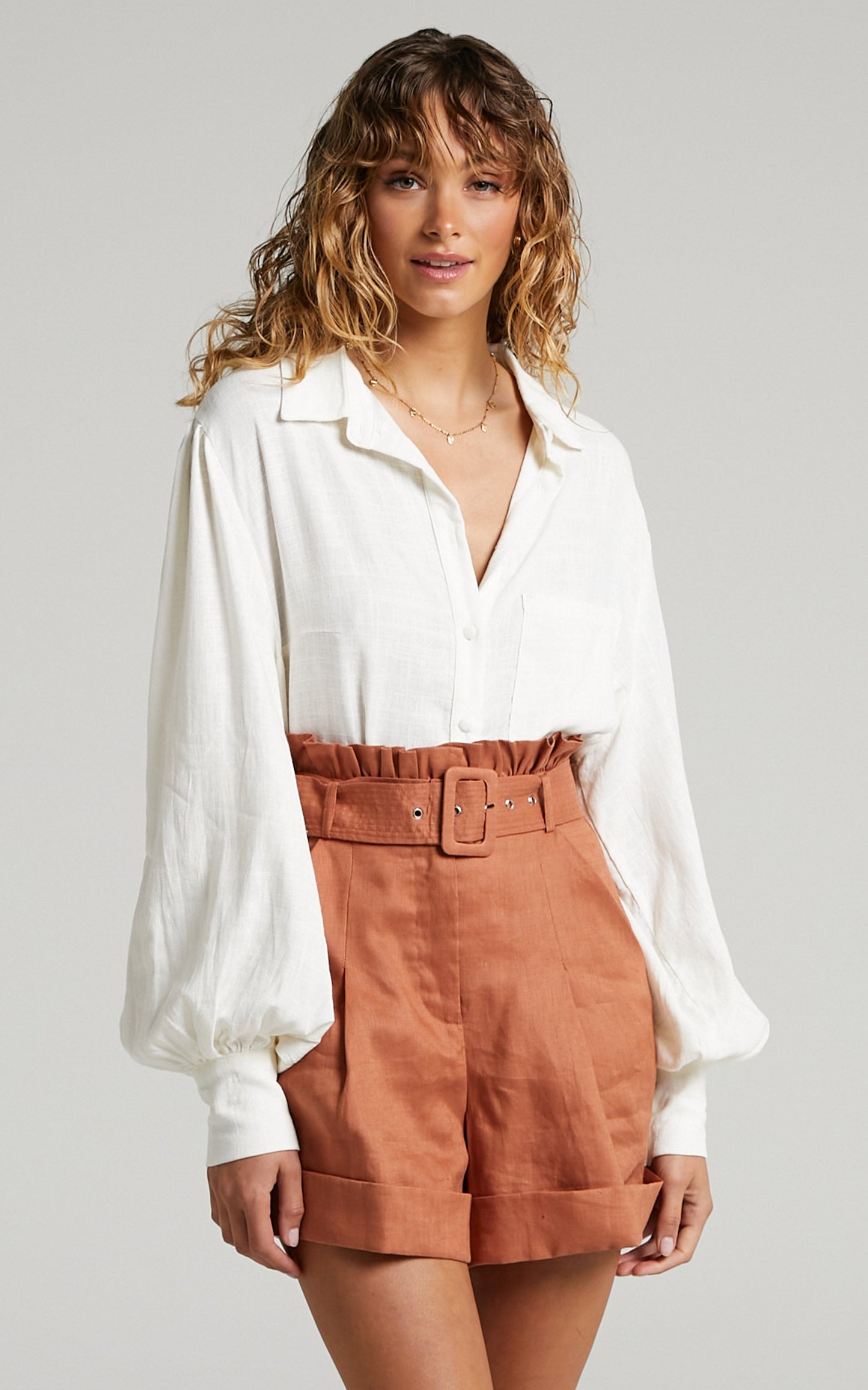 Amalie The Label - Shaloom Linen Balloon Sleeve Button Front Linen Shirt in Cream