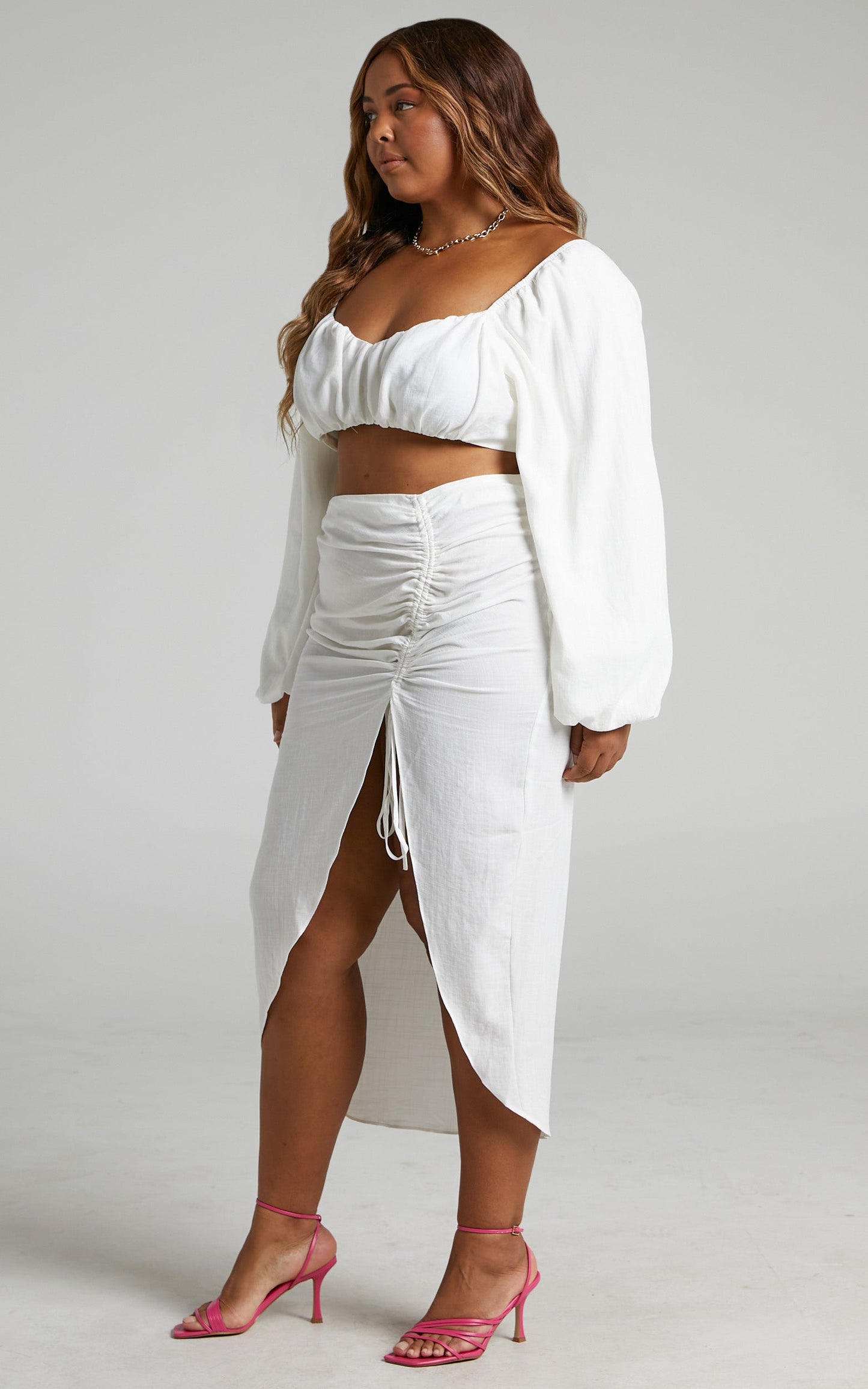 Shamir Two Piece Set - Balloon Sleeve Crop Top and Ruched Split Midi Skirt Set in White