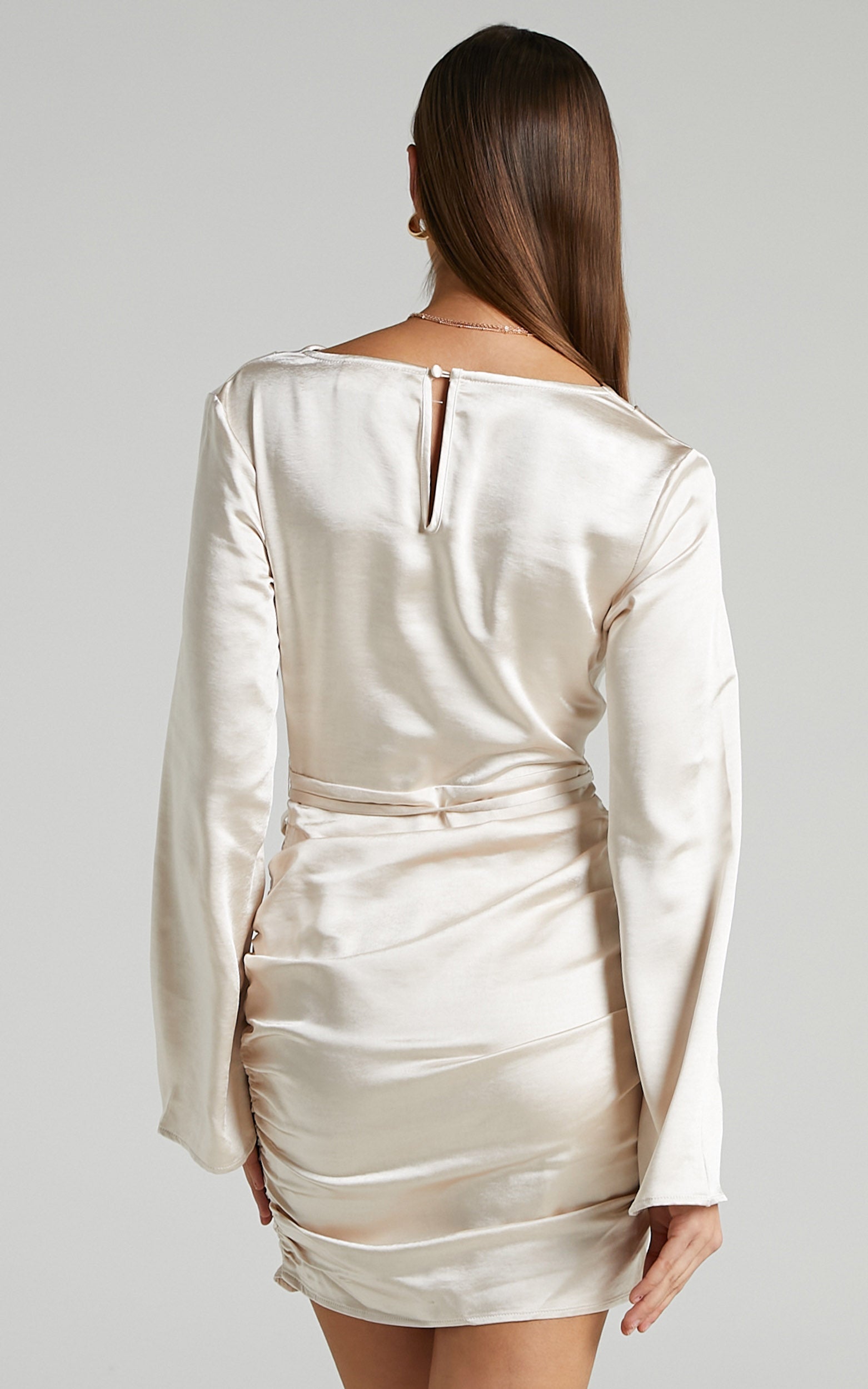 Shane Cowl Neck Long Sleeve Mini Dress in Champagne