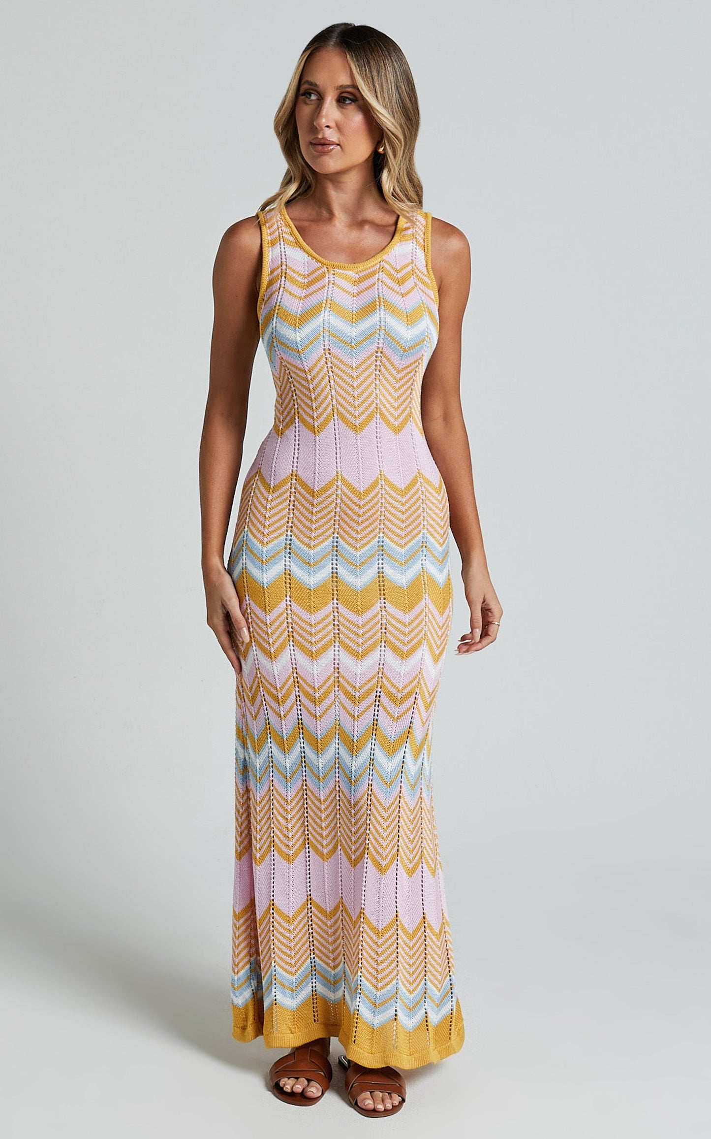 Shankie Midi Dress - Scoop Neck Sleeveless Bodycon Dress in Pink and Gold