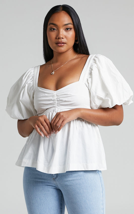 Shanskie Puff Sleeve Peplum Top in Off White