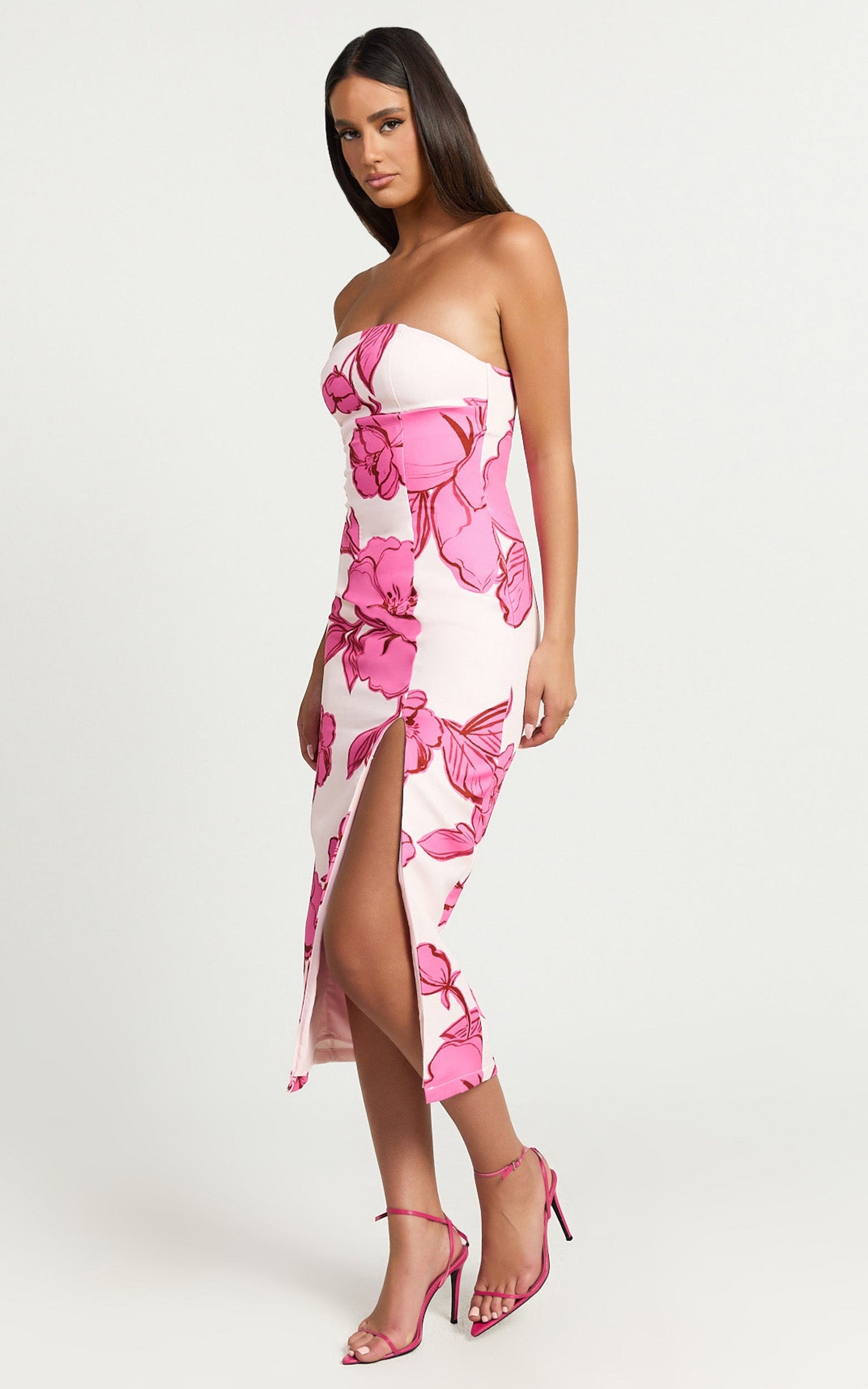 Shantelle Midi Dress - Strapless Bodycon Back Split Dress in Bouquet Di Fiori Print