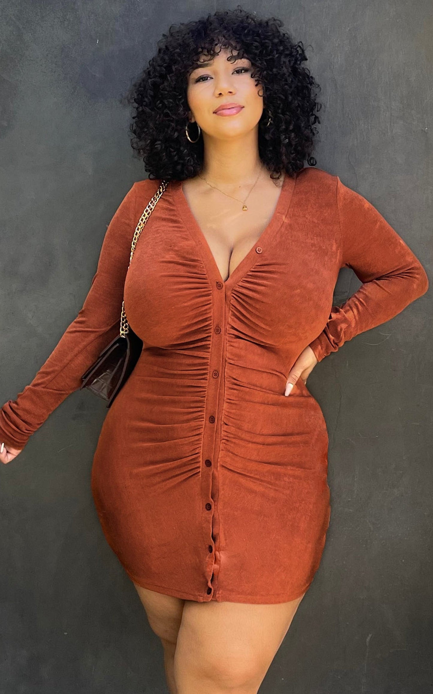 Shanti Mini Dress - Ruched Button Front Dress in Rust