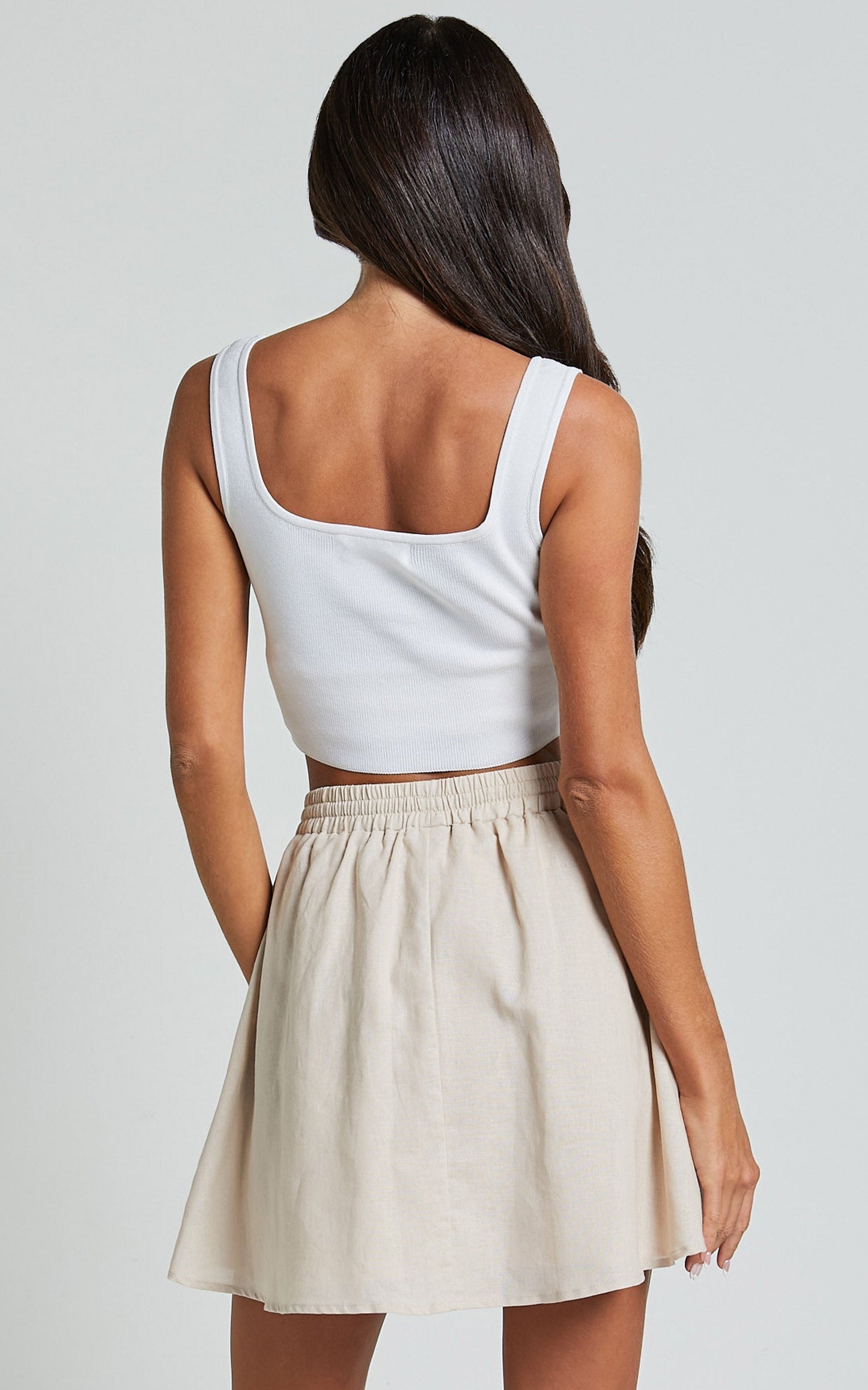 Sharai Mini Skirt - Linen High Waisted Drawstring Skirt in Oatmeal
