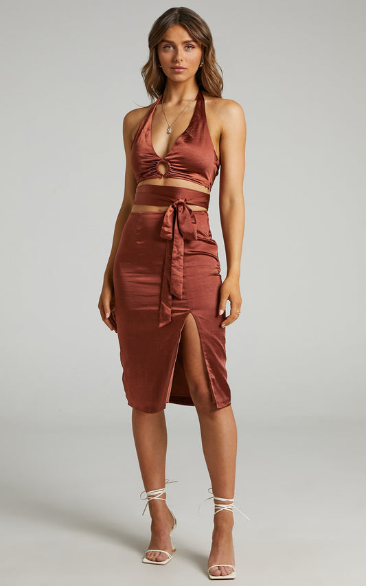Sharelle Wrap Tie Halter Satin Two Piece Set in Rust