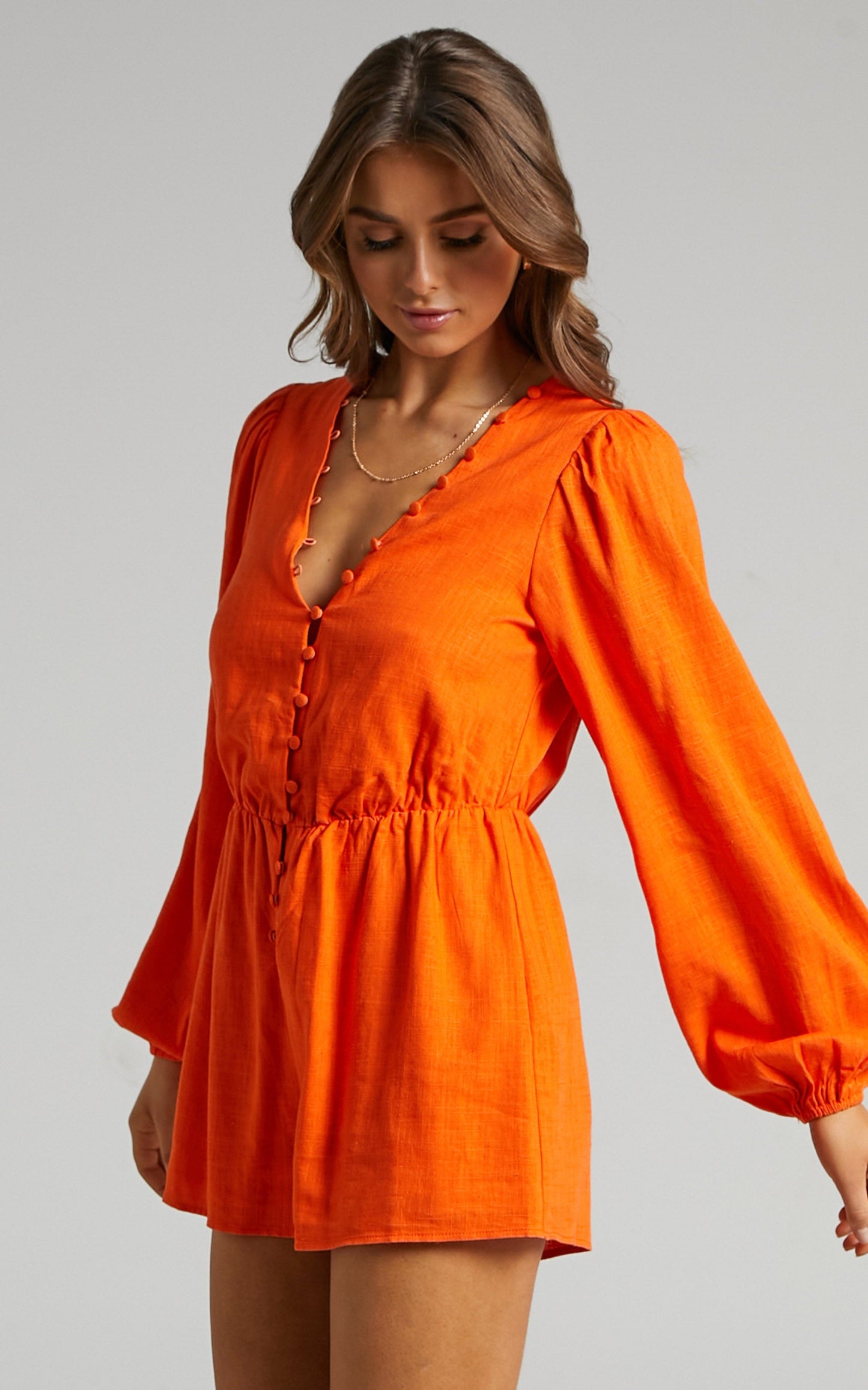 Shari Playsuit - Linen Look Blouson Playsuit in Orange