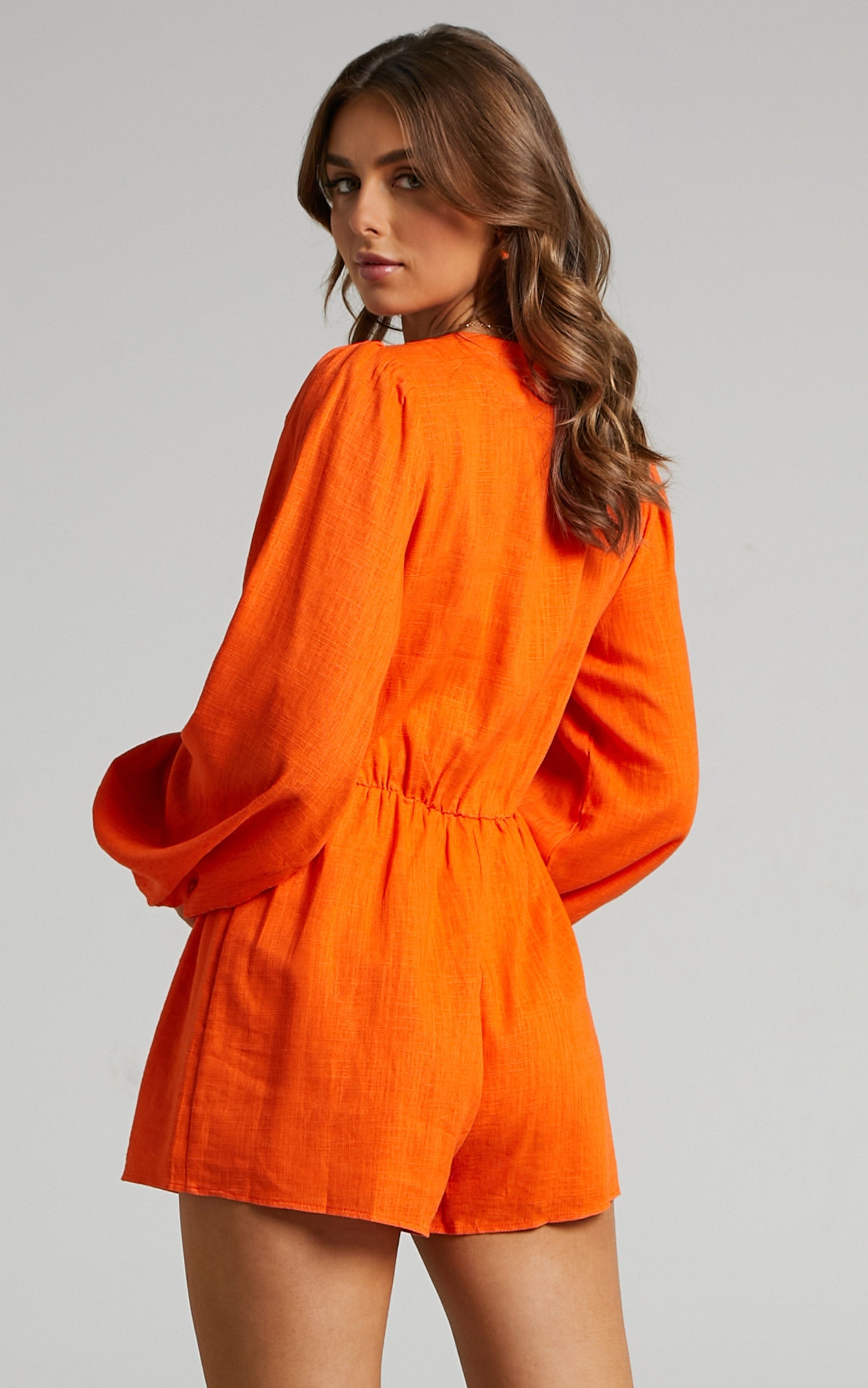 Shari Playsuit - Linen Look Blouson Playsuit in Orange