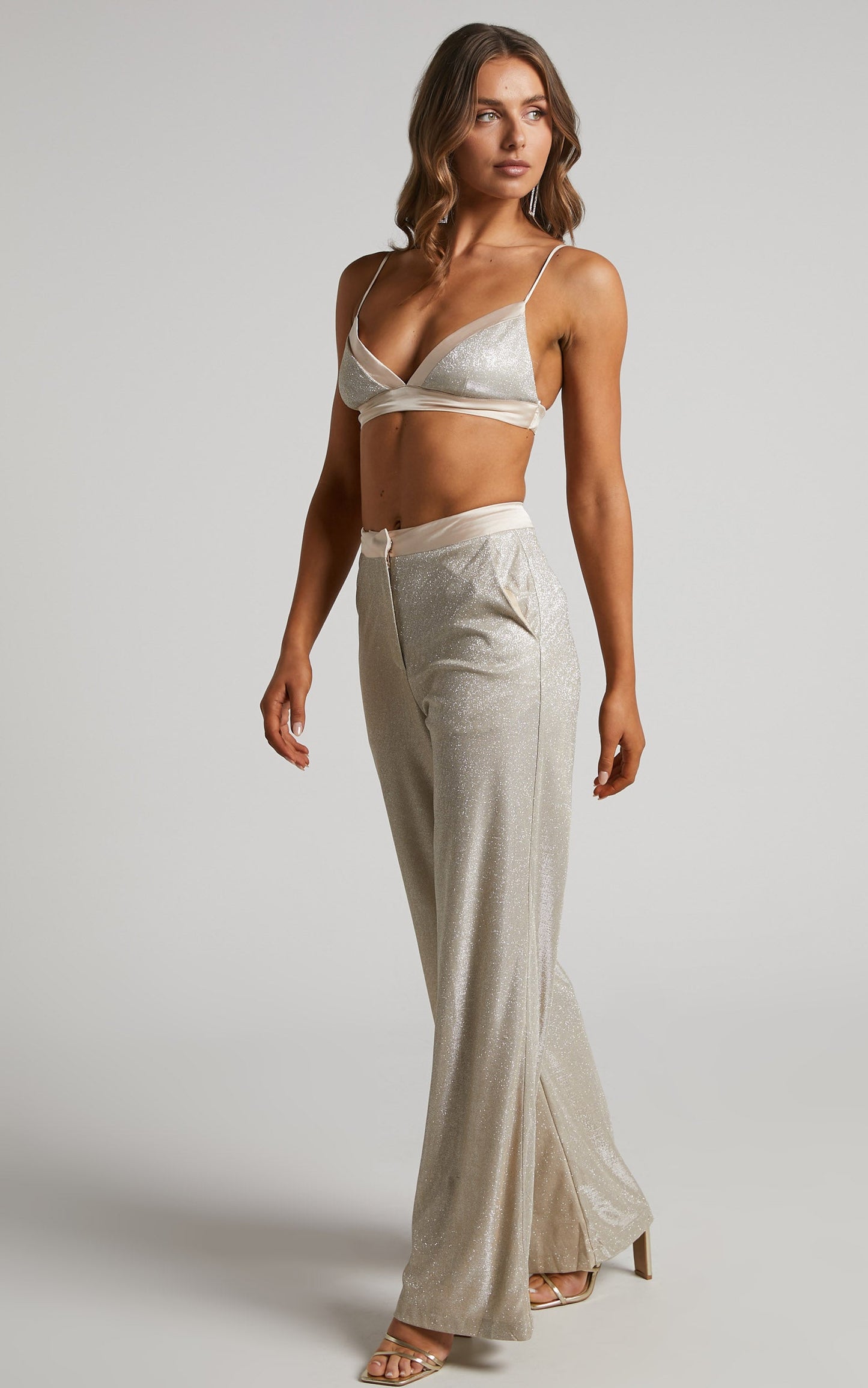 Sharleez Pants - Glitter High Waisted Tailored Wide Leg Pants in Gold