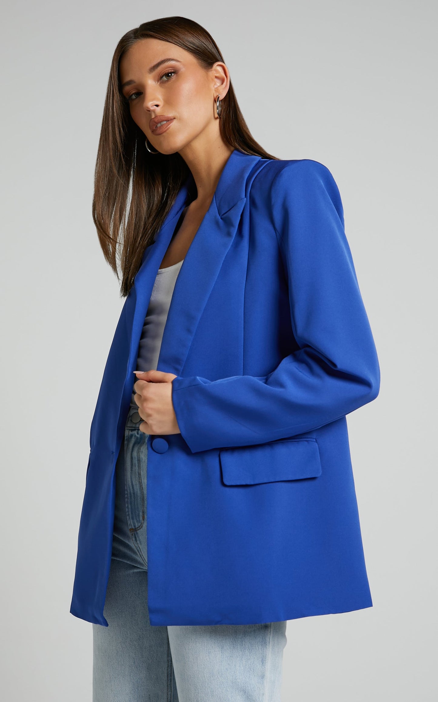 Sharmiel Blazer - Plunge Neck Oversized Longline Blazer in Cobalt Blue