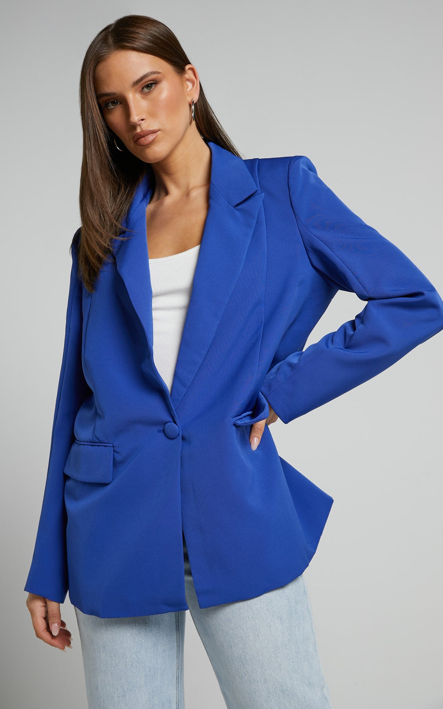 Sharmiel Blazer - Plunge Neck Oversized Longline Blazer in Cobalt Blue