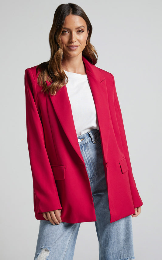 Sharmiel Blazer - Plunge Neck Oversized Longline Blazer in Red