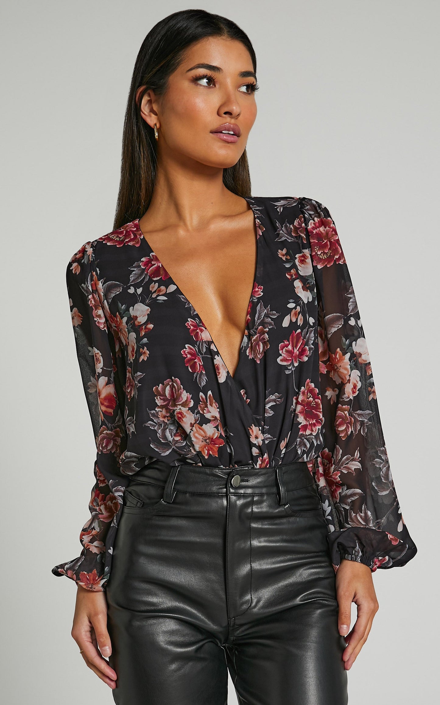 Sharron Bodysuit - Wrap Front Relaxed Sleeve Bodysuit in Black Floral