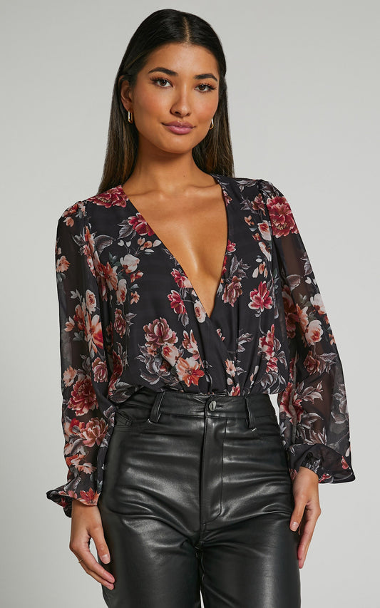 Sharron Bodysuit - Wrap Front Relaxed Sleeve Bodysuit in Black Floral