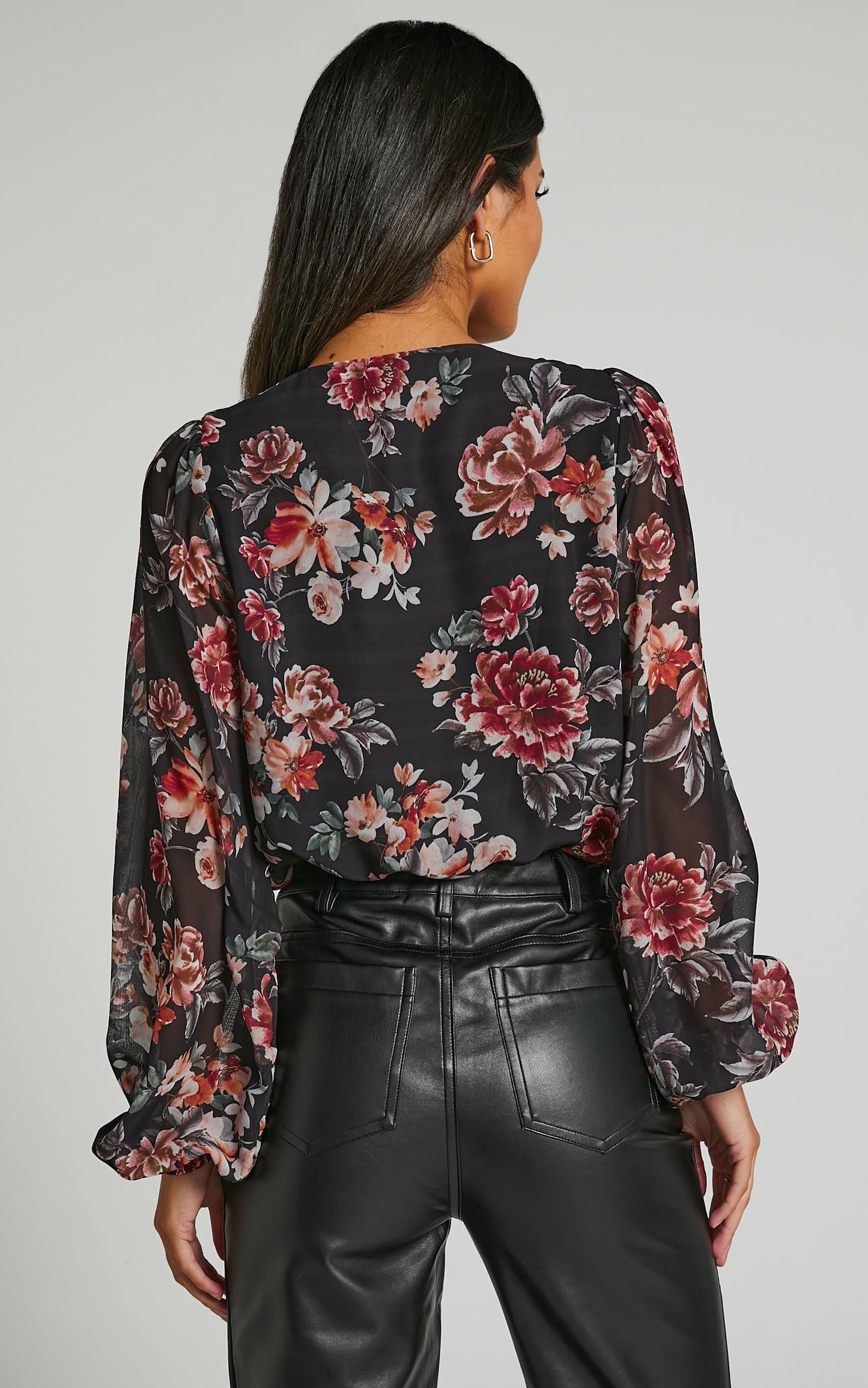 Sharron Bodysuit - Wrap Front Relaxed Sleeve Bodysuit in Black Floral