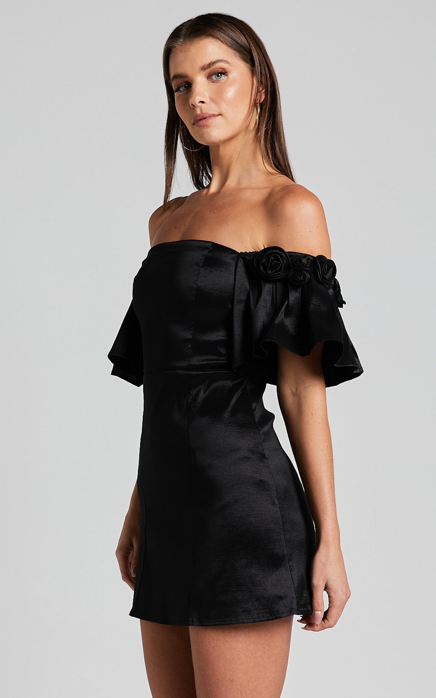 Shauna Mini Dress - Off Shoulder Rosette Detail A Line in Black