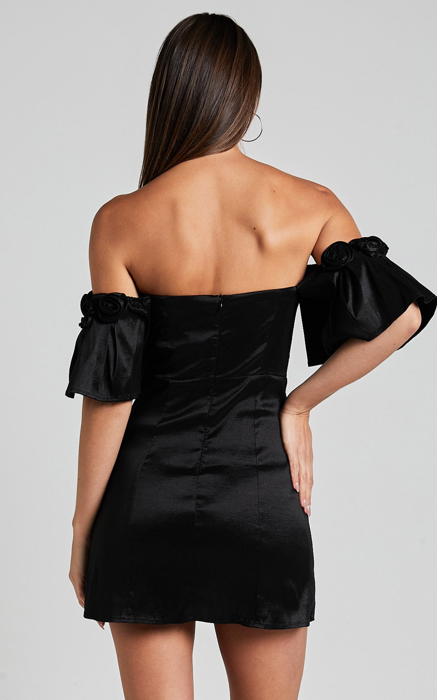 Shauna Mini Dress - Off Shoulder Rosette Detail A Line in Black