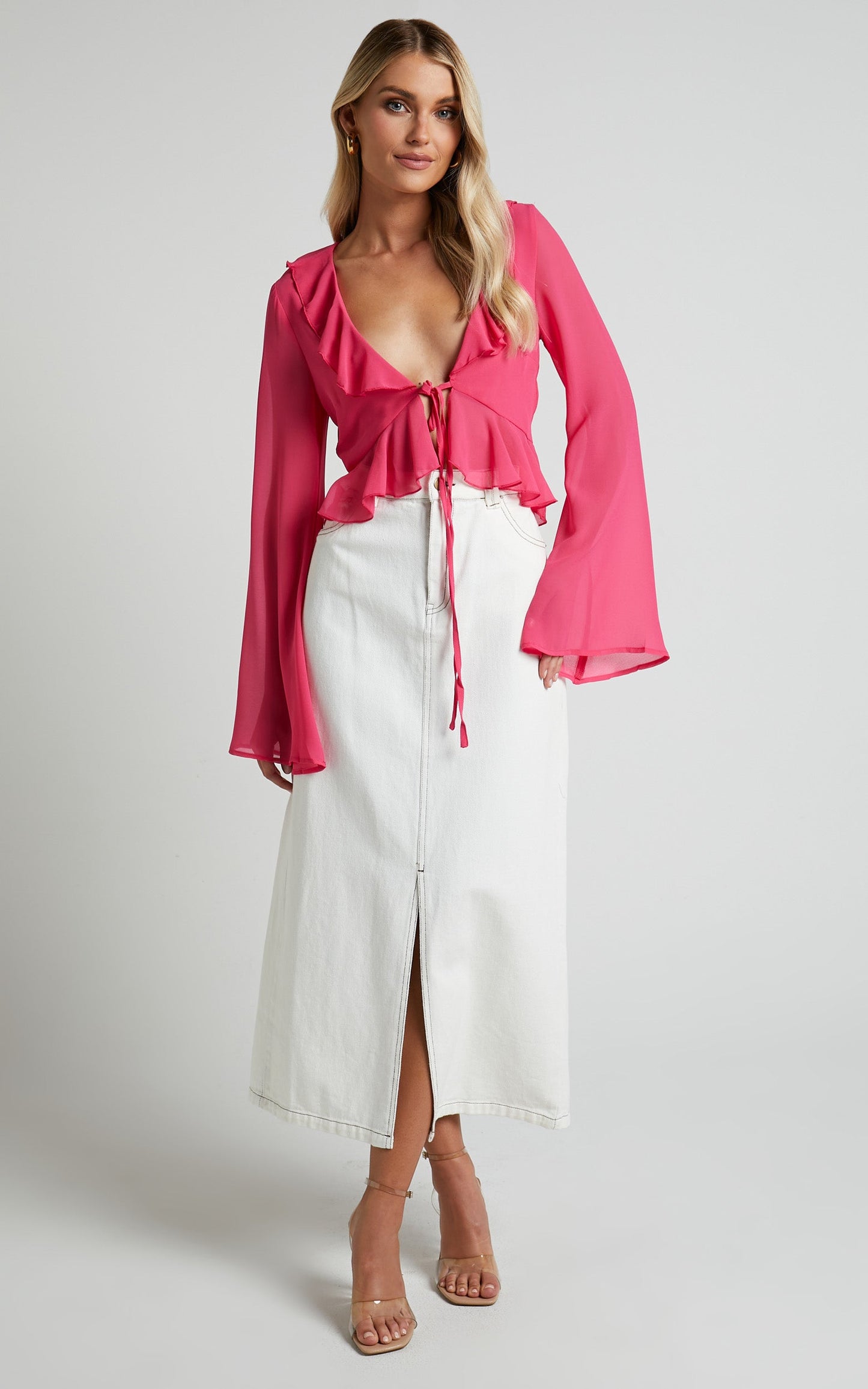 Shaunte Top - Tie Front Frill Top in Pink