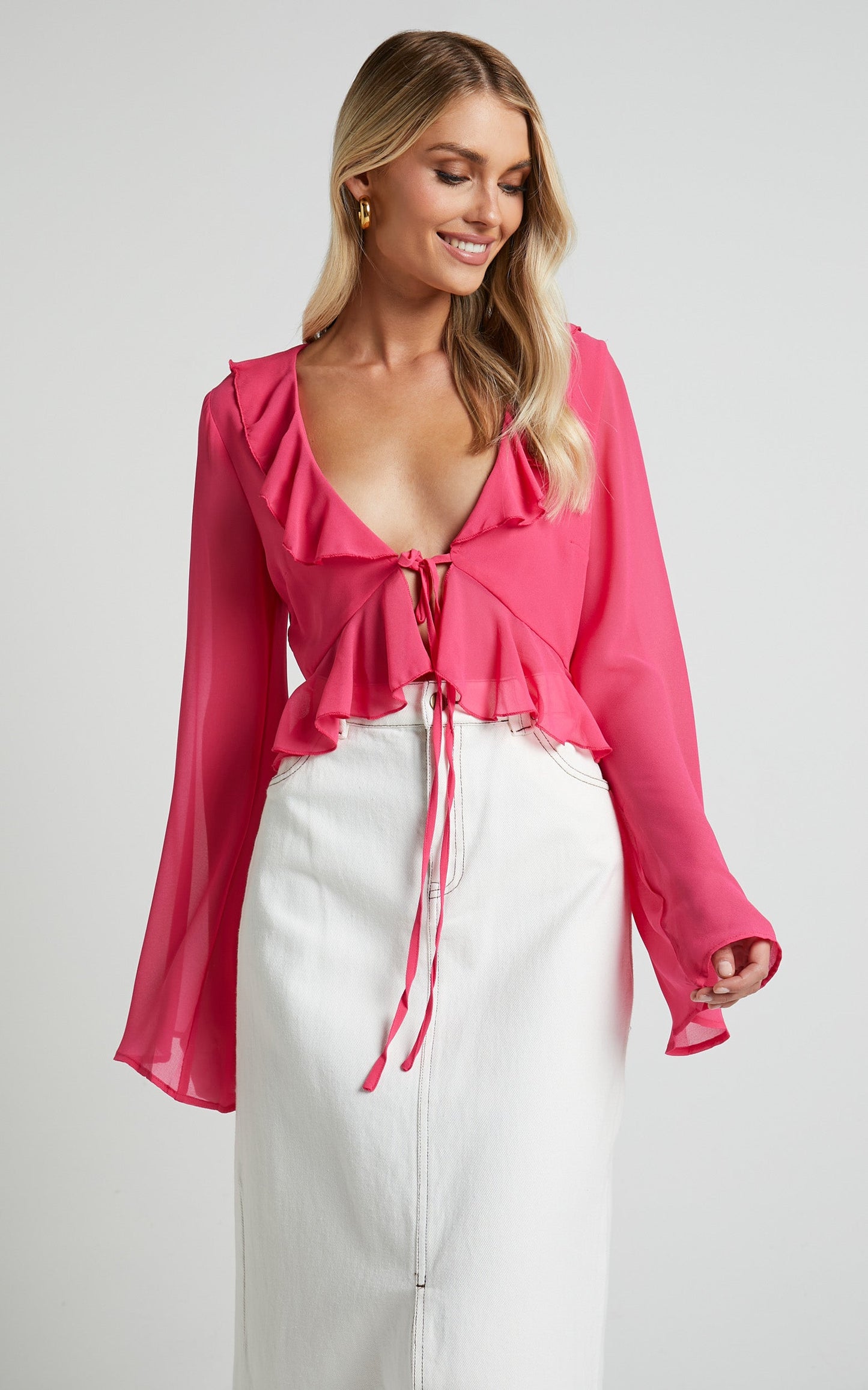 Shaunte Top - Tie Front Frill Top in Pink