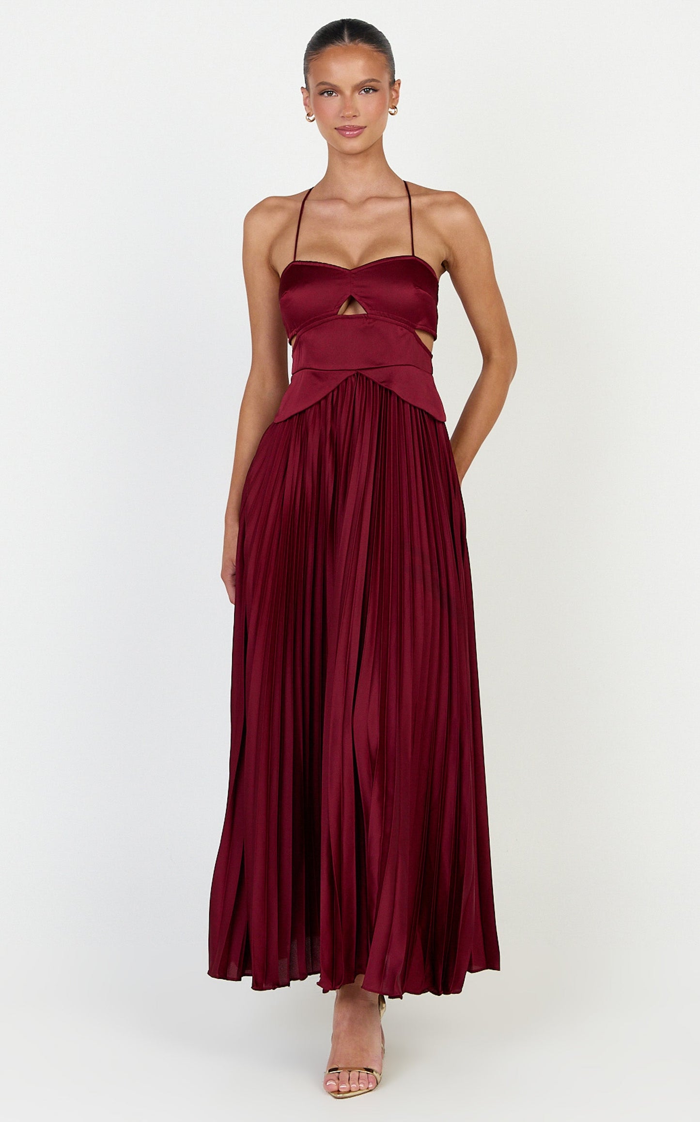 Shay Maxi Dress - Sweetheart Cut Out Pleated Dress in Wine