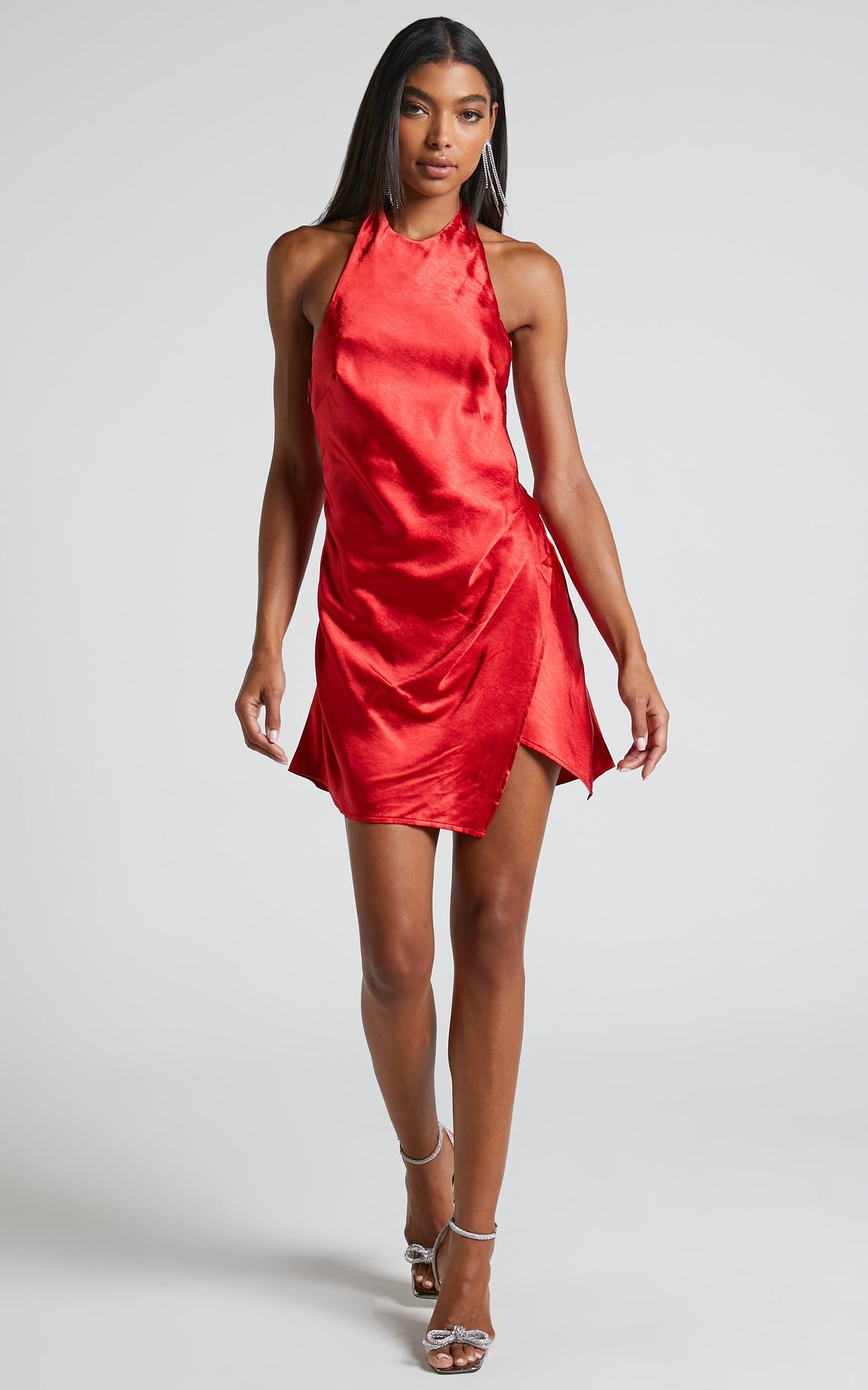 Shazia Mini Dress - Halter Crossover Skirt Satin Dress in Red