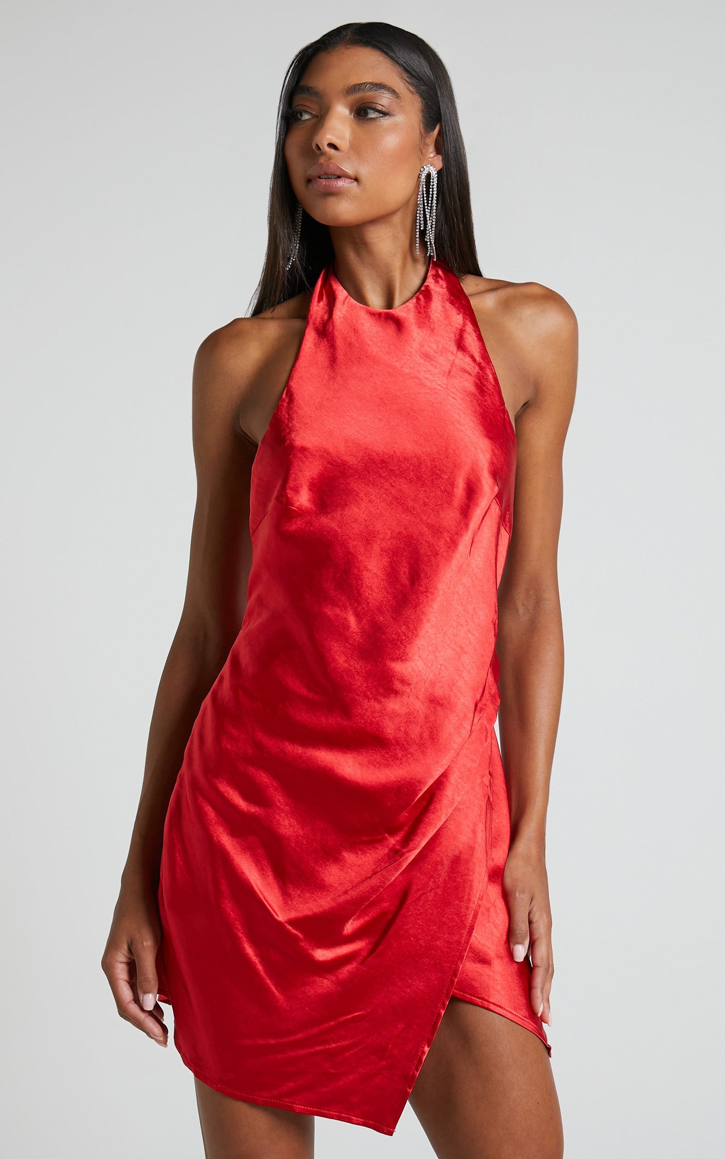 Shazia Mini Dress - Halter Crossover Skirt Satin Dress in Red