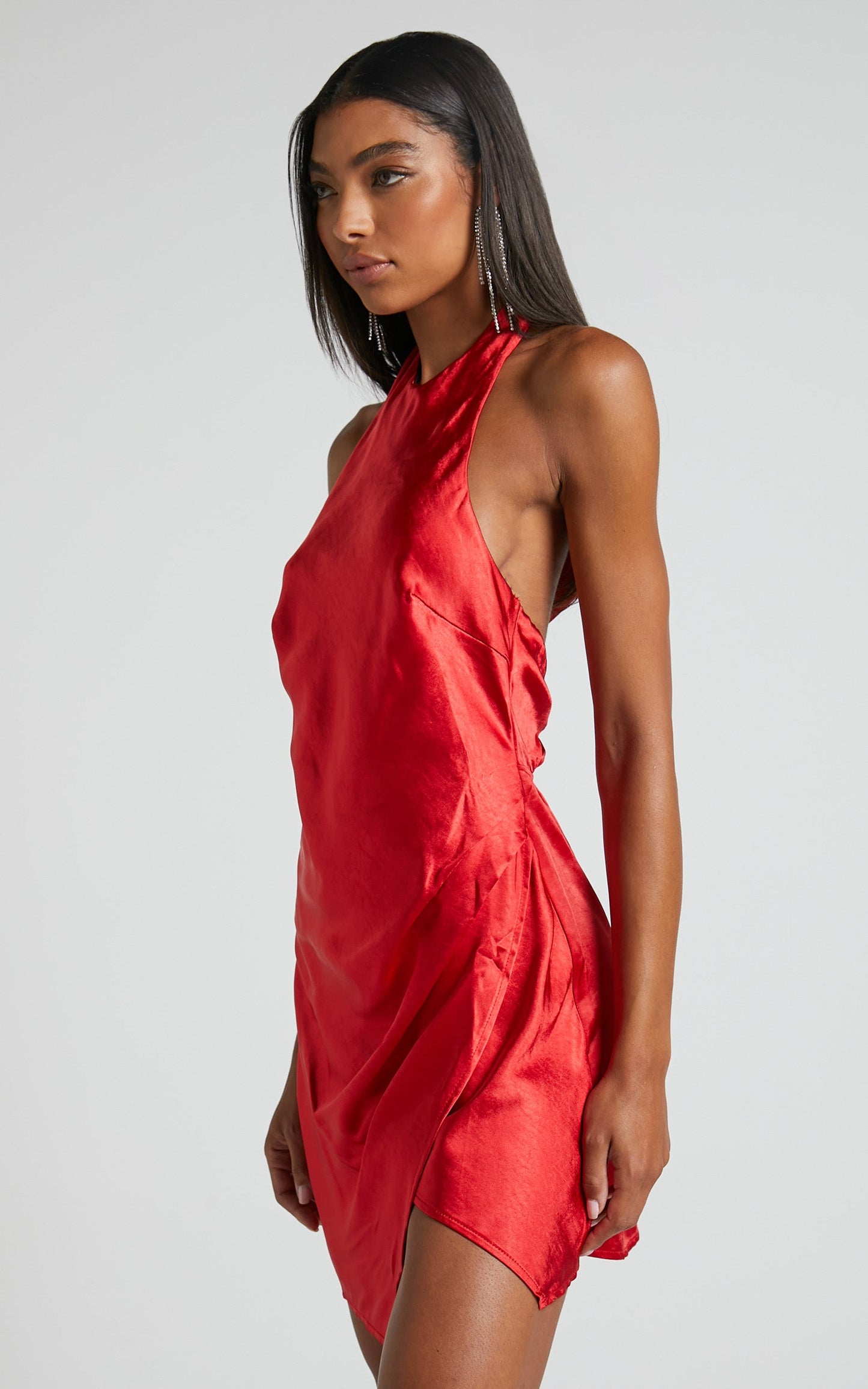 Shazia Mini Dress - Halter Crossover Skirt Satin Dress in Red