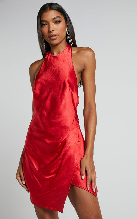 Shazia Mini Dress - Halter Crossover Skirt Satin Dress in Red
