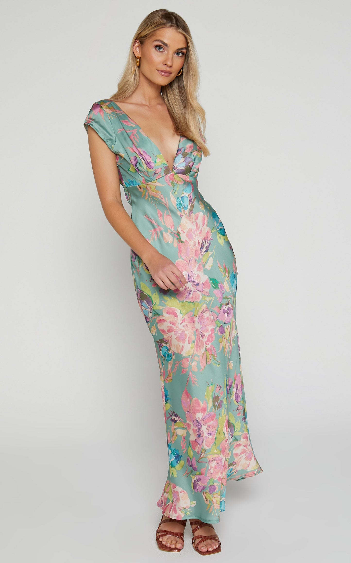 Sheilina Midi Dress - Plunge Neck Short Sleeve Dress in Green Floral