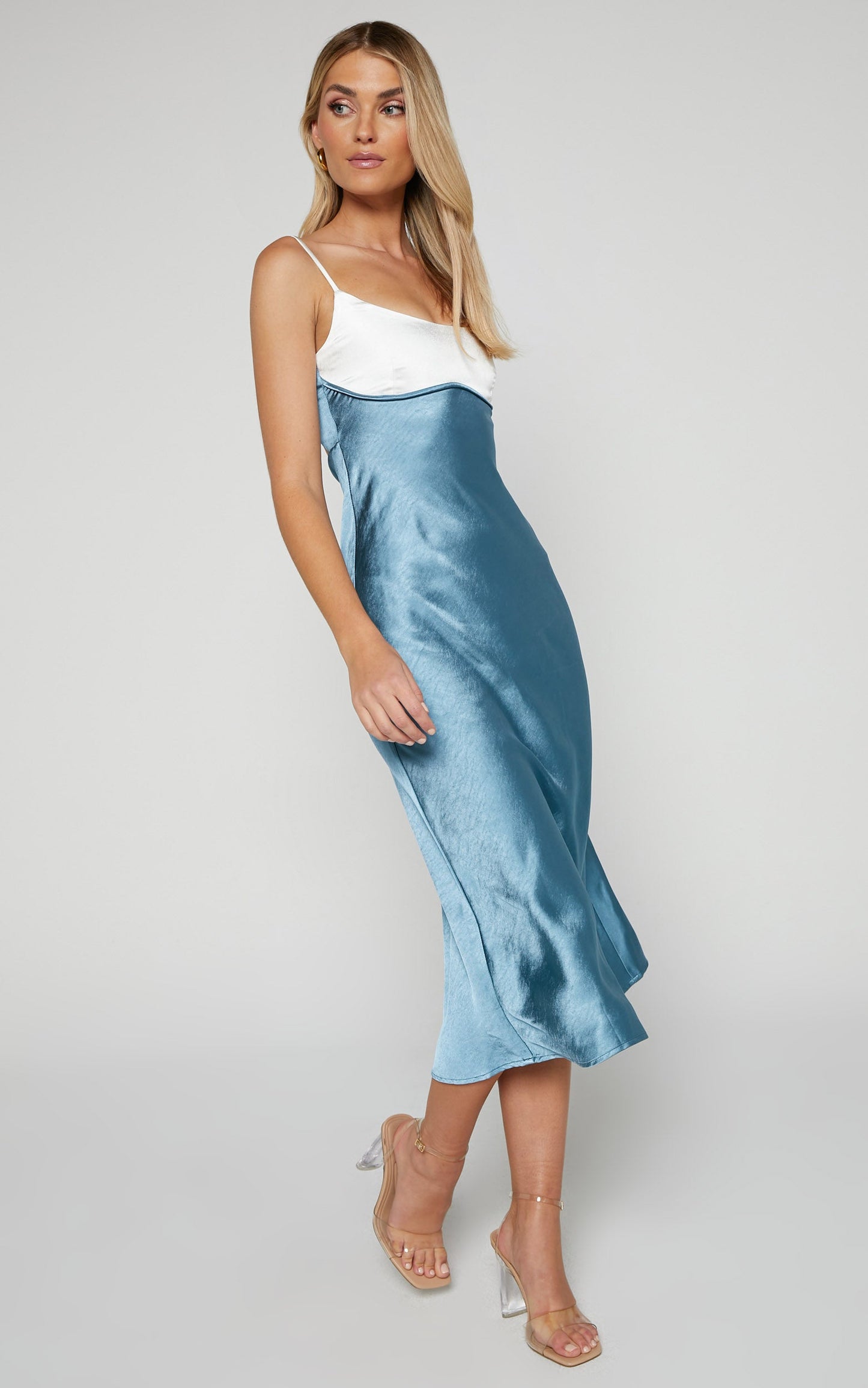 Shantelle Midi Dress - Satin Slip Contrast Bust Dress in Steel Blue